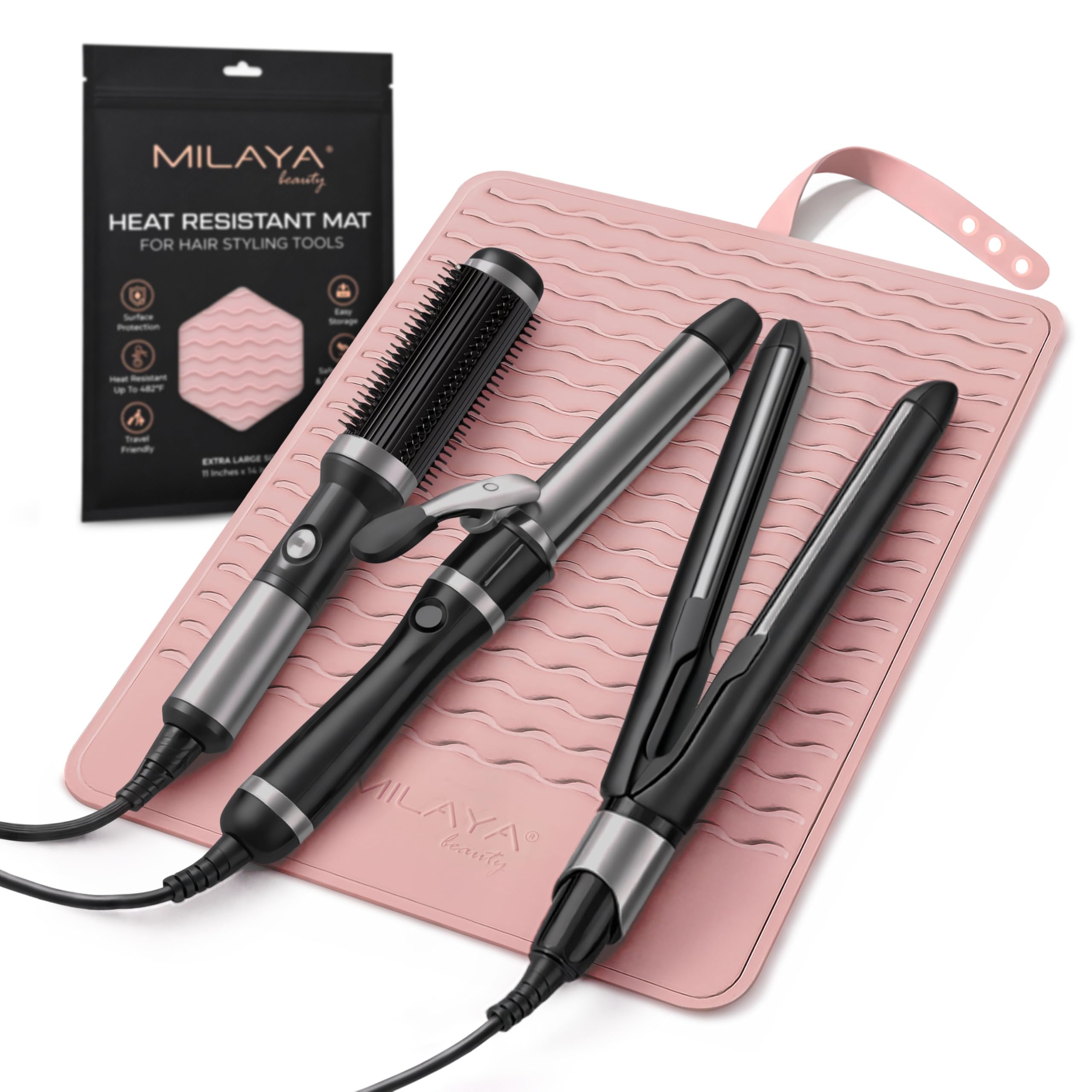 Milaya Beauty XL Hitzebeständige Matte für Haarwerkzeuge mit integriertem Gurt - Oversize Silikon Lockenstab Halter für Schminktisch, Salonstationen, Schminkzubehör für Frauen (35,6 x 27,9 cm