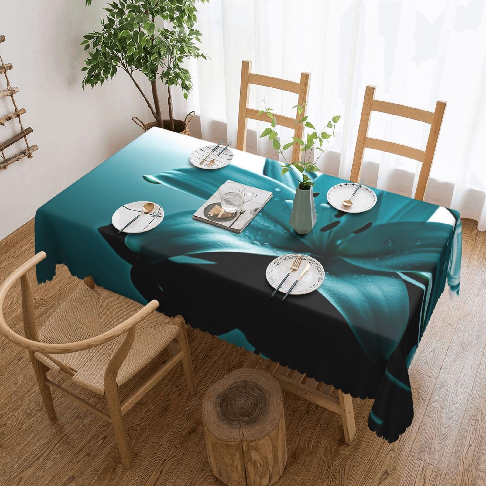 Nappe rectangulaire imprimée lys bleu sarcelle anti-déversement déco table