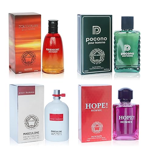 META-BOSEM Juego de 4 fragancias de colonia para hombres (Firenight+Pocono+Masculine+Hope Pour Homme) Fragancia, Eau de Toilette en aerosol, aroma
