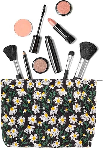 Miniatura 8 de Pazimiik Bolsa para maquillaje, estuche cosmético con cierre, negro (Daisy Black), Floral