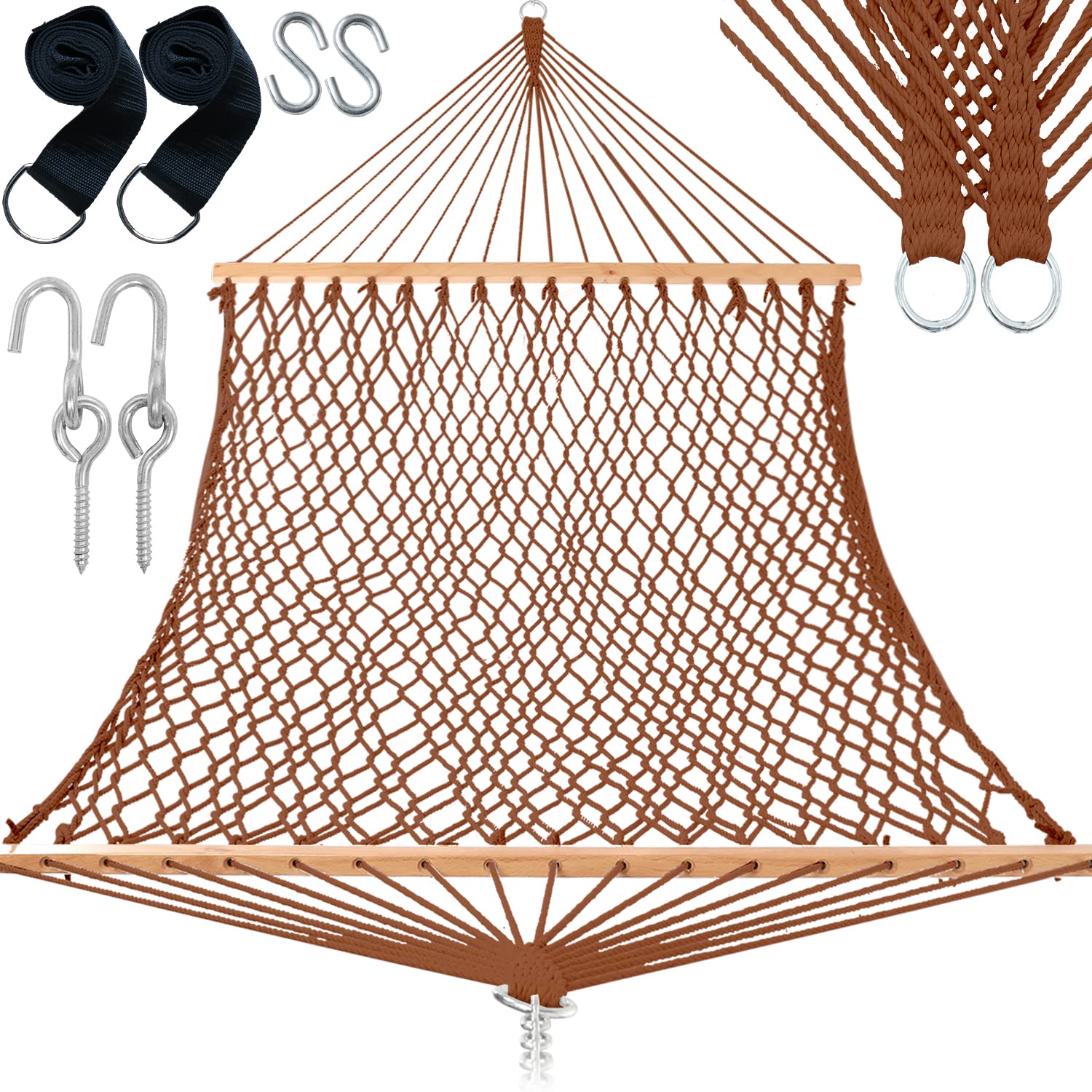 Gafete 59" Width Double Hammocks Traditional Hand Woven Cotton Rope with Tree Straps & Hooks Double Solid Wood Spreader Bar for 2 Person Outside Outdoor Indoor, Max 450Lbs (Coffee)