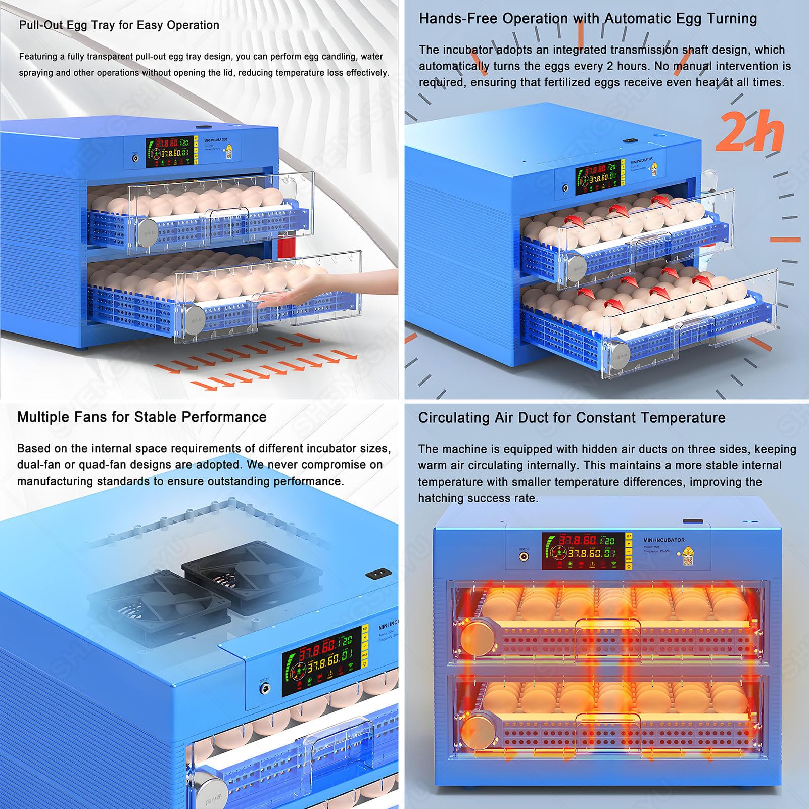 Incubatrice per uova con rotazione automatica delle uova e controllo dell'umidità, capacità 64-256 uova, funzione 3 in 1 per incubazione cova covata, per pollo, quaglia, anatra, pollame