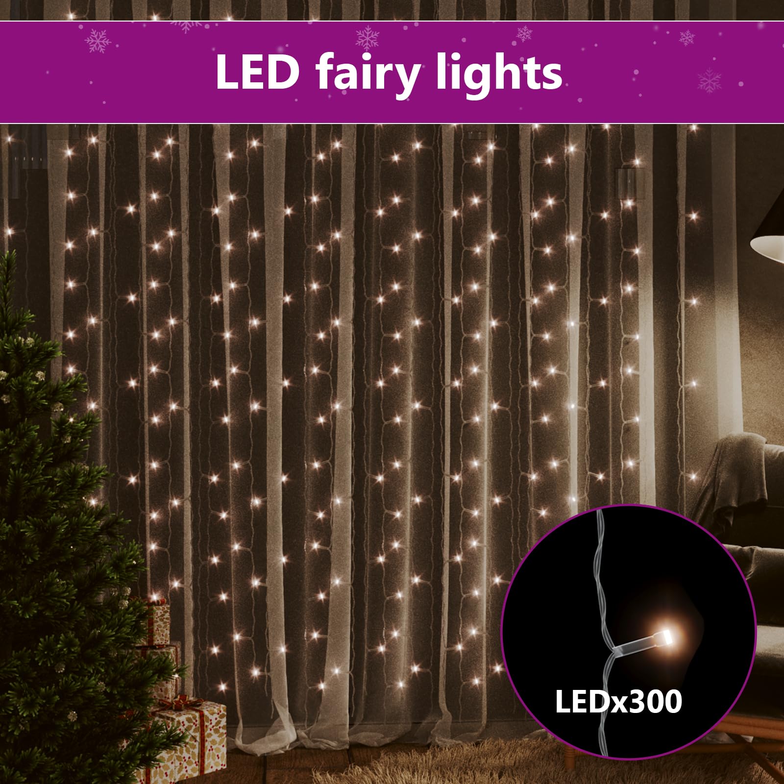 vidaXL LED Lichtervorhang Lichternetz Innen Außen Garten Weihnachten Lichterkette Deko Weihnachtsdeko 3x3m 300 LEDs Warmweiß 8 Funktionen