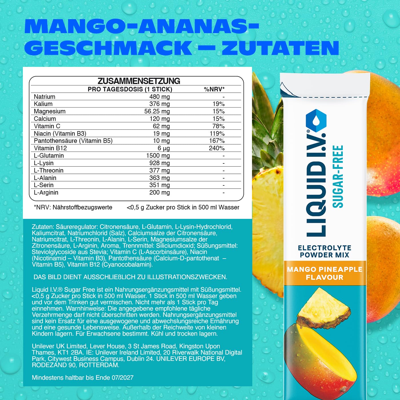 Liquid I.V. Sugar Free Elektrolytpulver-Mischung ohne Zucker, Mango-Ananas-Geschmack, Für eine schnelle Flüssigkeitszufuhr und Energie, Mit 8 Vitaminen und Mineralstoffen, 24 Sticks