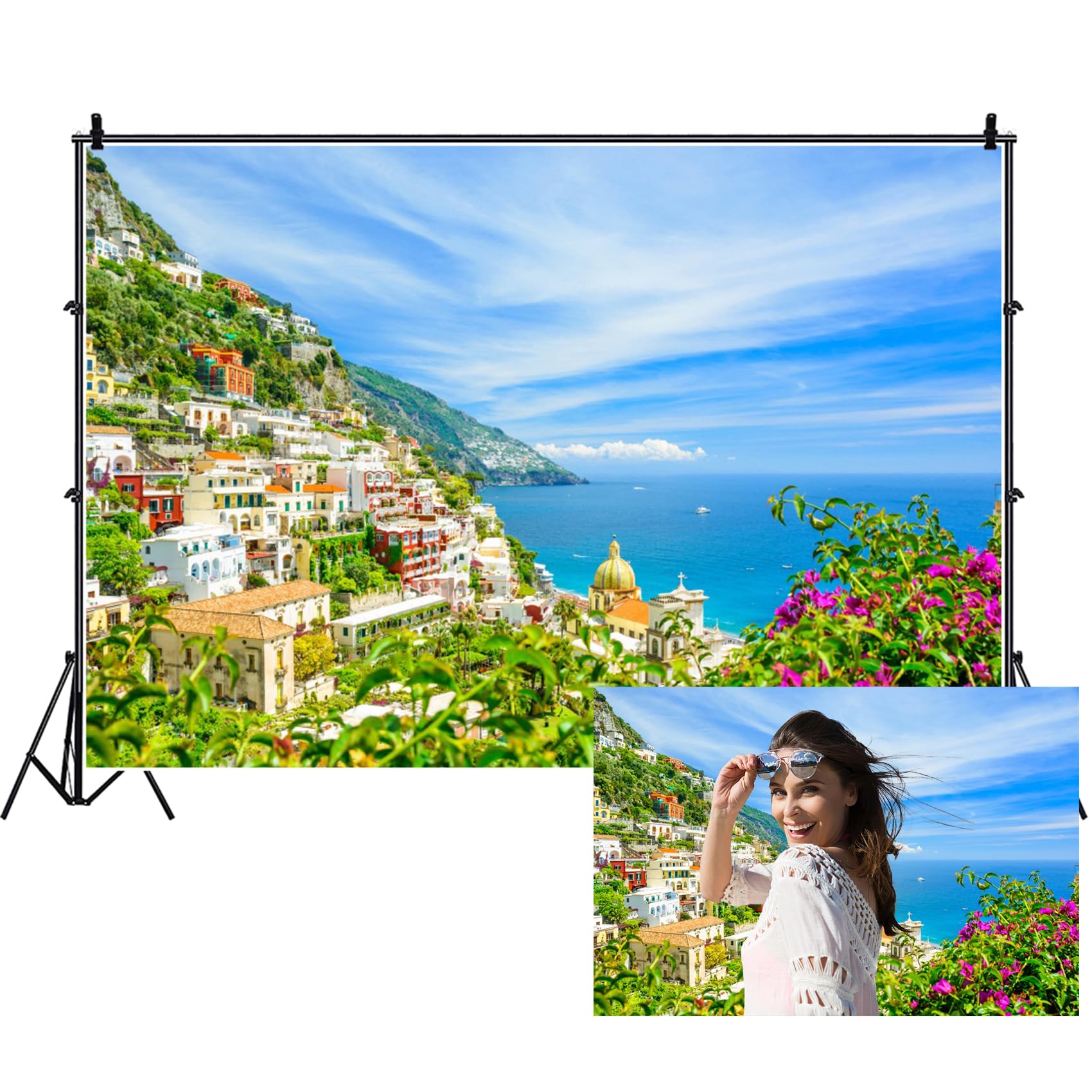 Telón de Fondo Ciudad Griega 3.5x2.5m Mar mediterráneo Fondo de la Isla de Santorini Primavera Cielo Azul Nubes Blancas Paisaje Fotografía Telón de Fondo Estudio Accesorios de Disparo