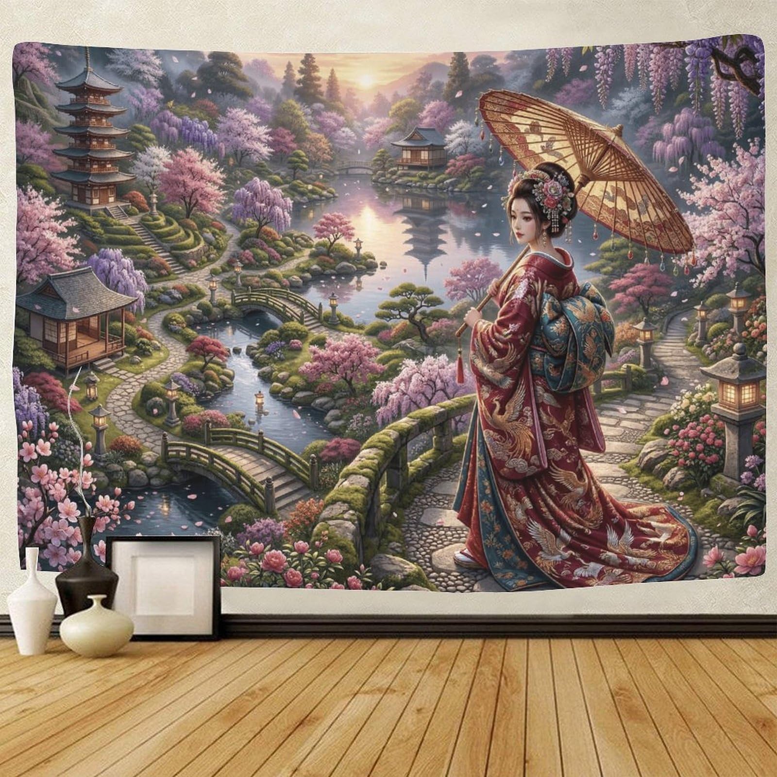 GPMNBCXZK Japanese Geisha Wall Tapestry Sakura Art 3D Printed for Home Dorm Bedroom Living Room Decoration 130cmx150cm