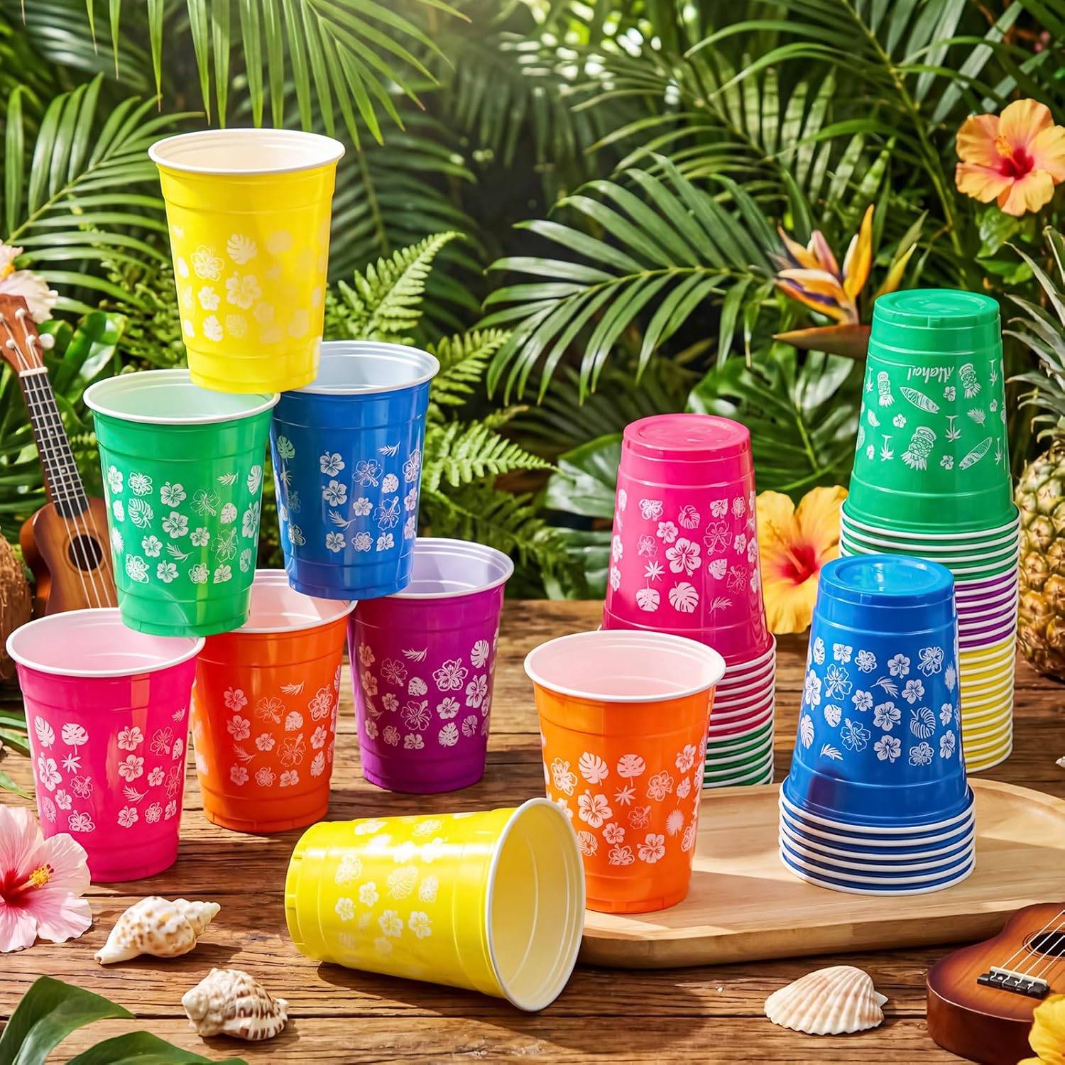 Yungyan 48 Pack 12oz Hawaiian Luau Disposable Plastic Cups Tropical Hibiscus Flower Cups Colorful Plastic Cold Drinkware Palm Leaves Drinking Cup for Summer Aloha Tiki Pool Beach Supplies
