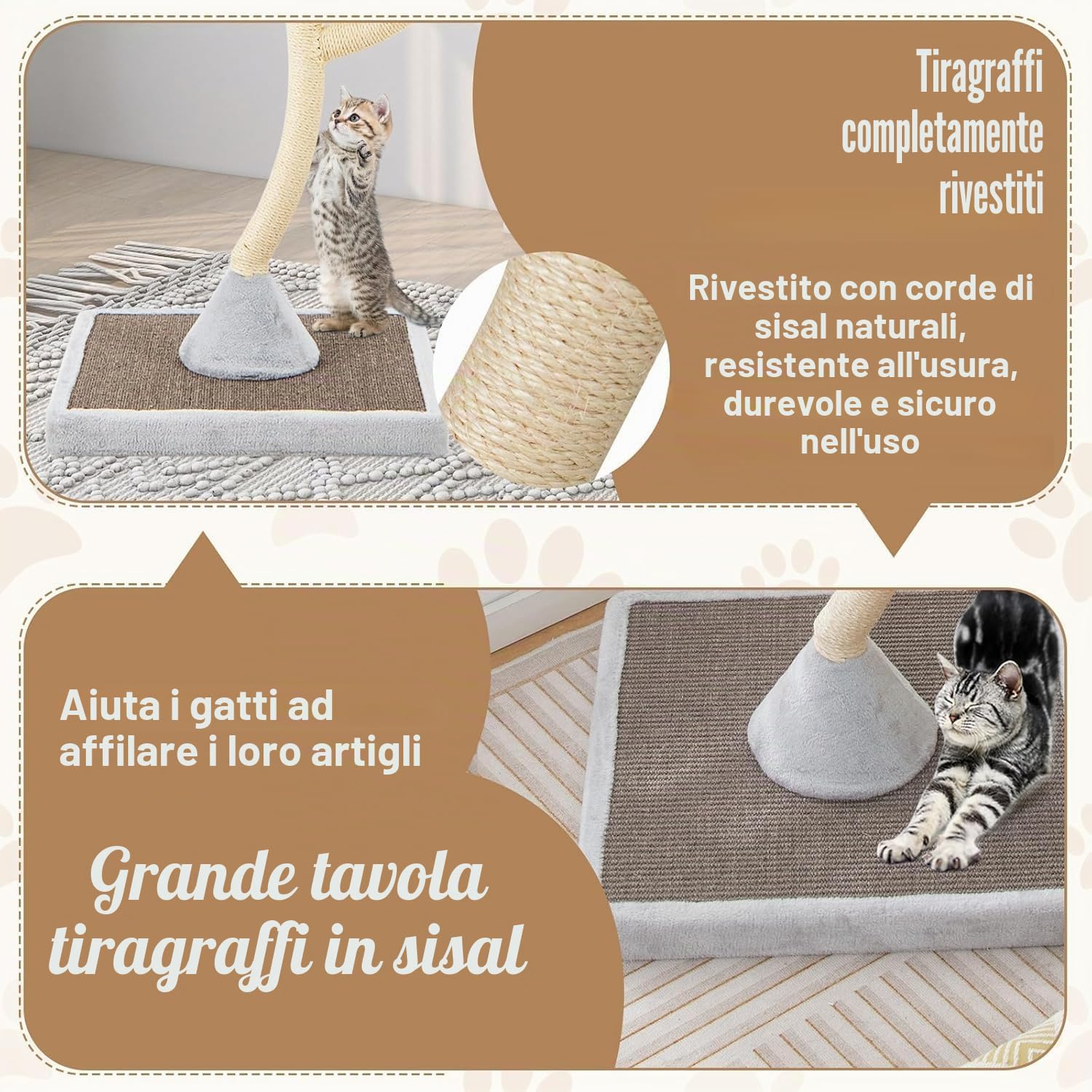 FANTASK Tiragraffi in legno da 178 cm, con 3 superfici calde, grigio, grande con palline di peluche e tronchi di sisal, mobili per gatti, torre per gatti con struttura in metallo
