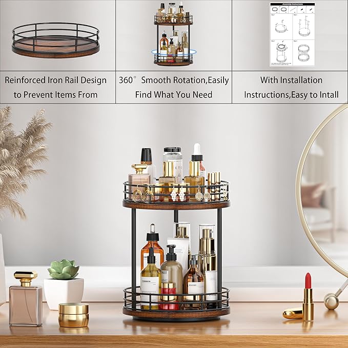 Organizador Giratorio de Baño de 2 Niveles, Estante de Madera para Vanity miniatura 6