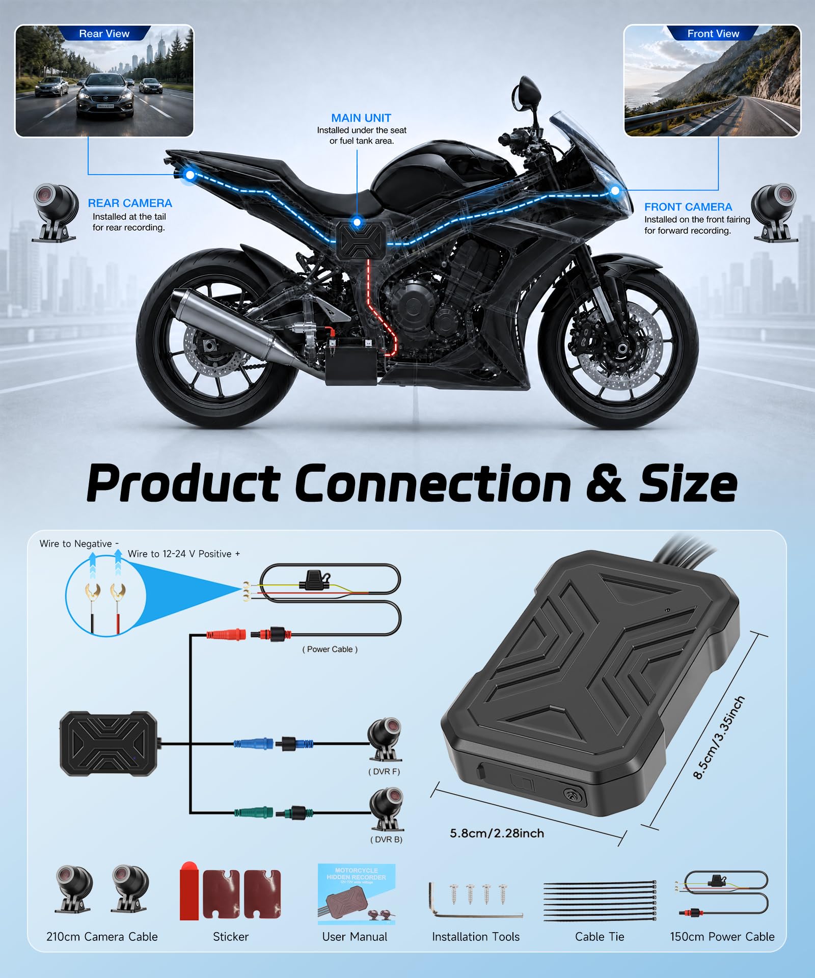 Rimoody Dashcam Moto 1080P Miniaturizzata - Telecamera Anteriore/Posteriore con Rilevamento Collisioni, Registrazione a Ciclo, Modalità Parcheggio, WiFi, per Motocicletta
