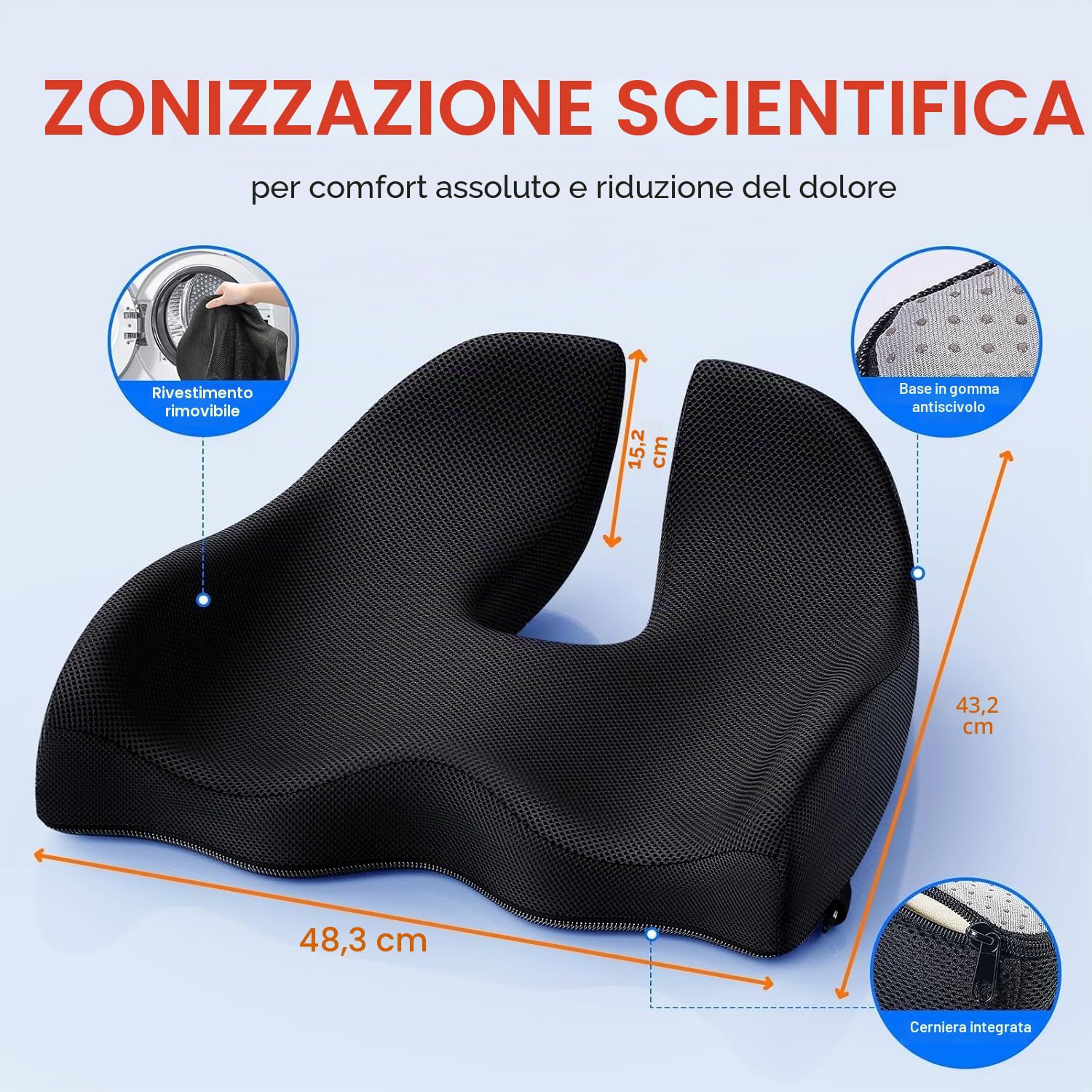 Benazcap Cuscino del Sedile, Cuscino Sedia Ufficio Coccige,Cuscino Memory | Ergonomico per Ufficio e Auto, Sollievo dal Dolore Sciatico,Foam con Fodera Lavabile, Supporto Lombare per Sedute Lunghe