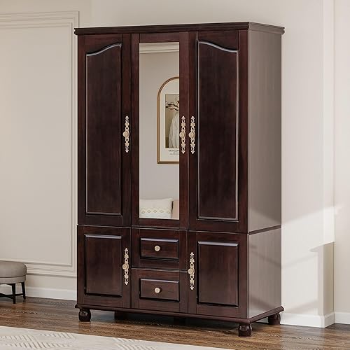 Solid Wood Armoire Wardrobe: 3 Doors Solid Wood Bedroom Armoires with Mirror & Hangingrod Clothes Organizer Cabinet Storage with 2 Drawers Brownish Black Finish 46.3" L x 19.69" W x 70.87" H