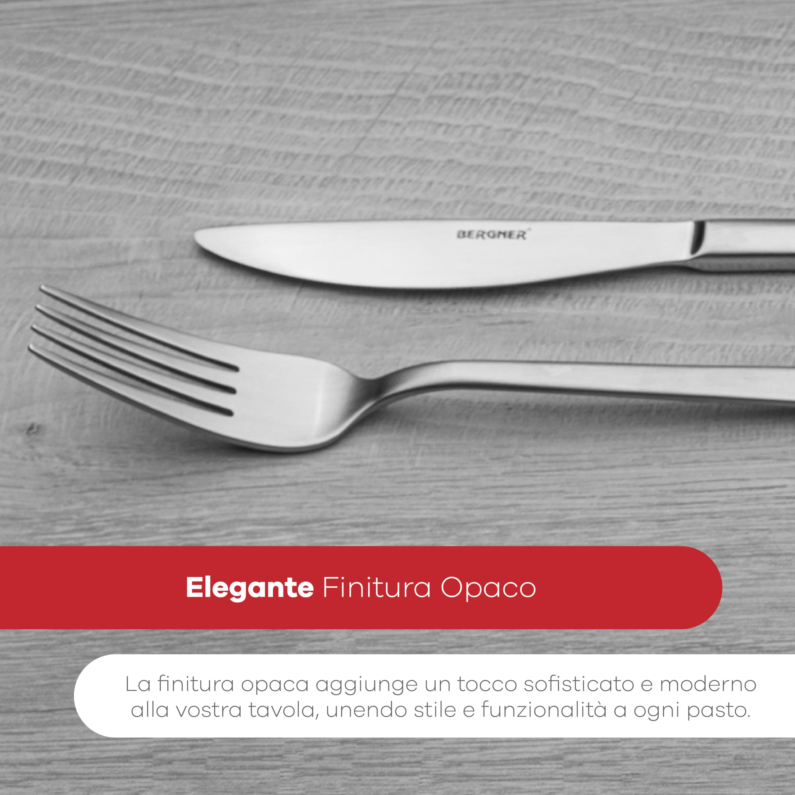 BERGNER NICE - Set 24 pezzi di posate in acciaio inox - Include coltelli, forchette, cucchiai, cucchiai da tavola - Spessore 2,5 mm - Finitura opaca - Ecologico - Lavabile in lavastoviglie
