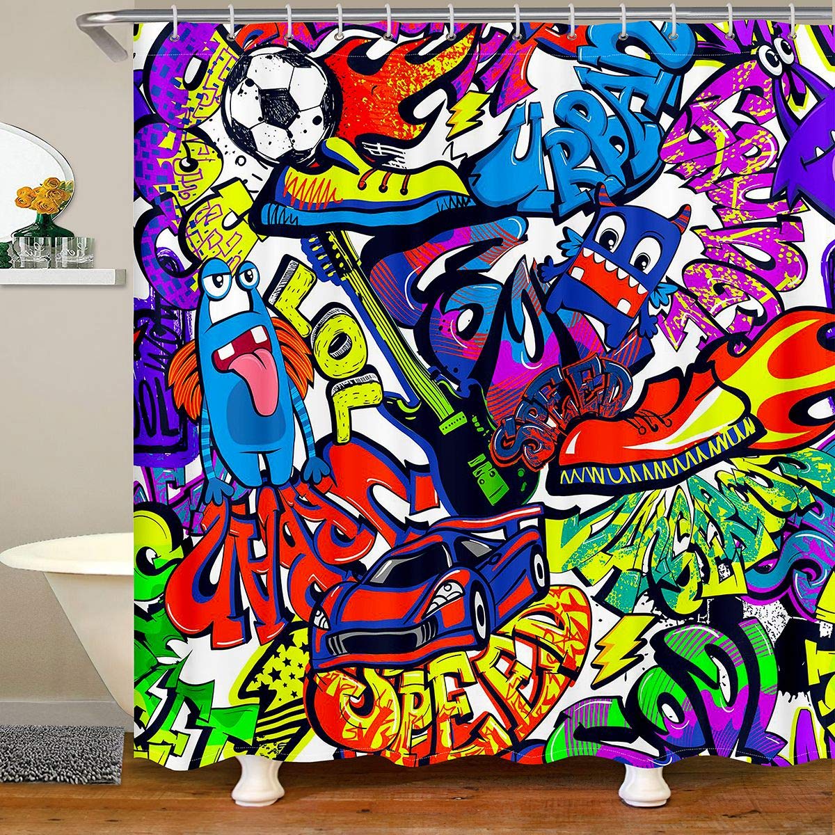 Tenda da doccia con graffiti, stile hip hop, tenda da bagno per bambini e ragazze, set di tende da doccia vibranti da parete, impermeabile, 180 x 210 cm