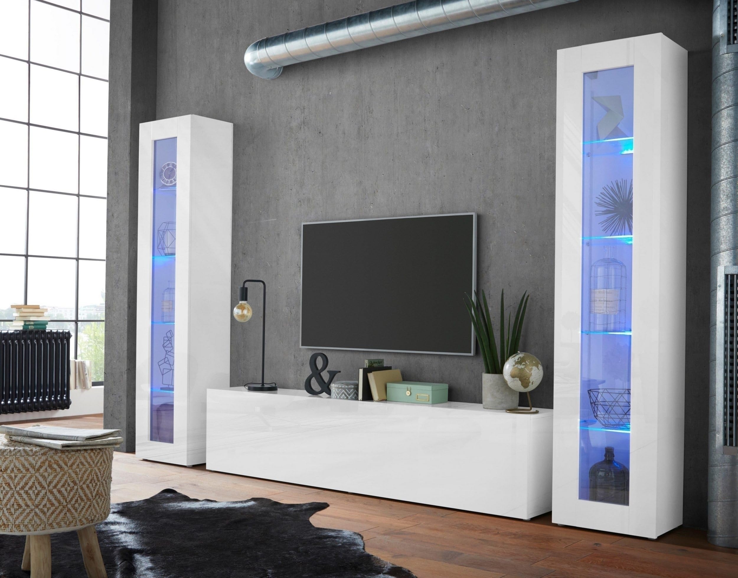 möbelando Vitrine >Benevent< Moderne Vitrine, aus melaminharzbeschichteter Spanplatte, in Weiß Hochglanz, mit 1 Glastür, 4 Glaseinlegeböden - 40x180x30cm (BxHxT), Made in Italy