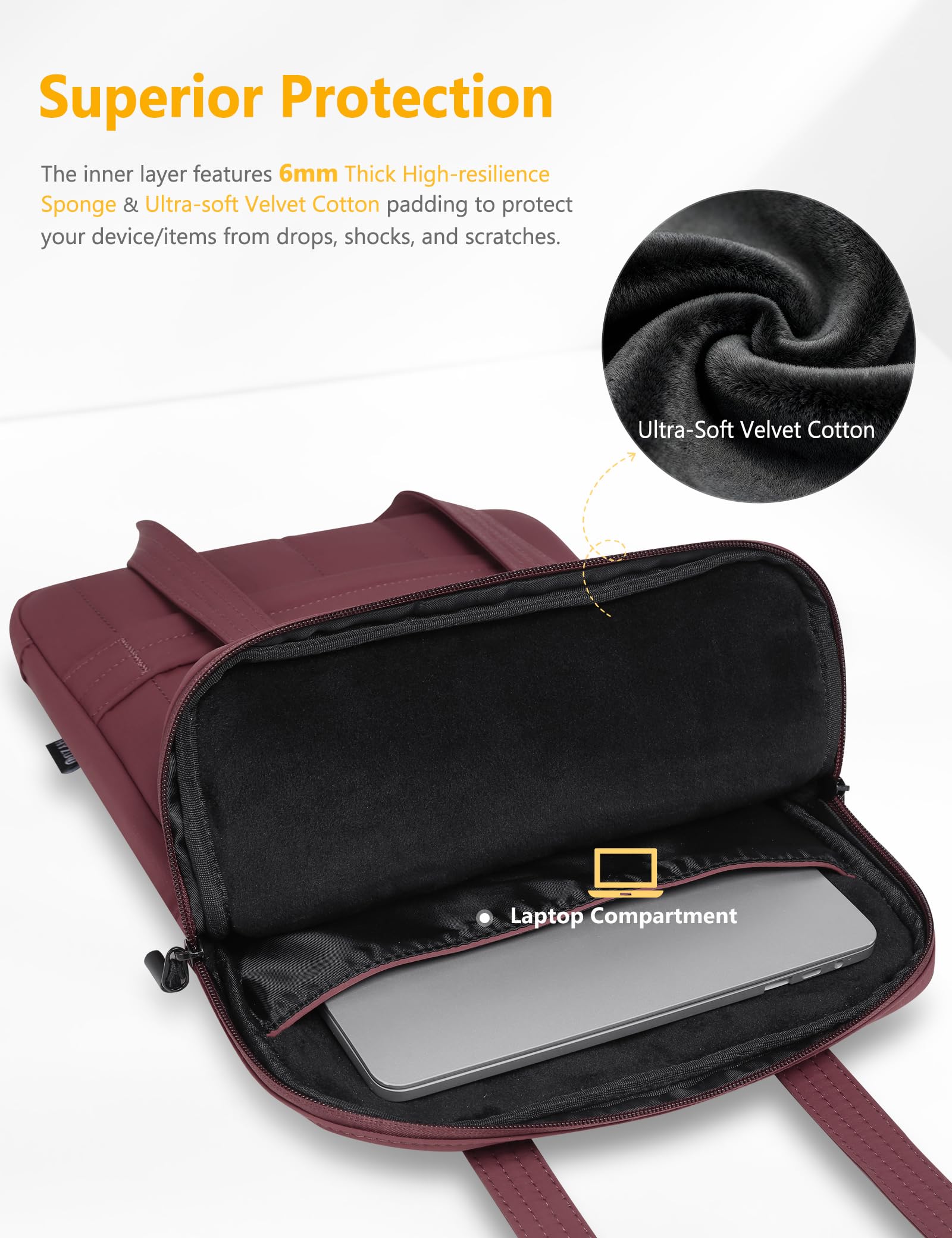 HYZUO 15-16 Pulgadas Funda Acolchada para Portátil para MacBook Pro 15/16, 15" 15,6" DELL/HP/Lenovo/ASUS/Acer/Samsung, Bolsos Hombro Delgados Mujer, Bolso Trabajo Diario, Vino Rojo