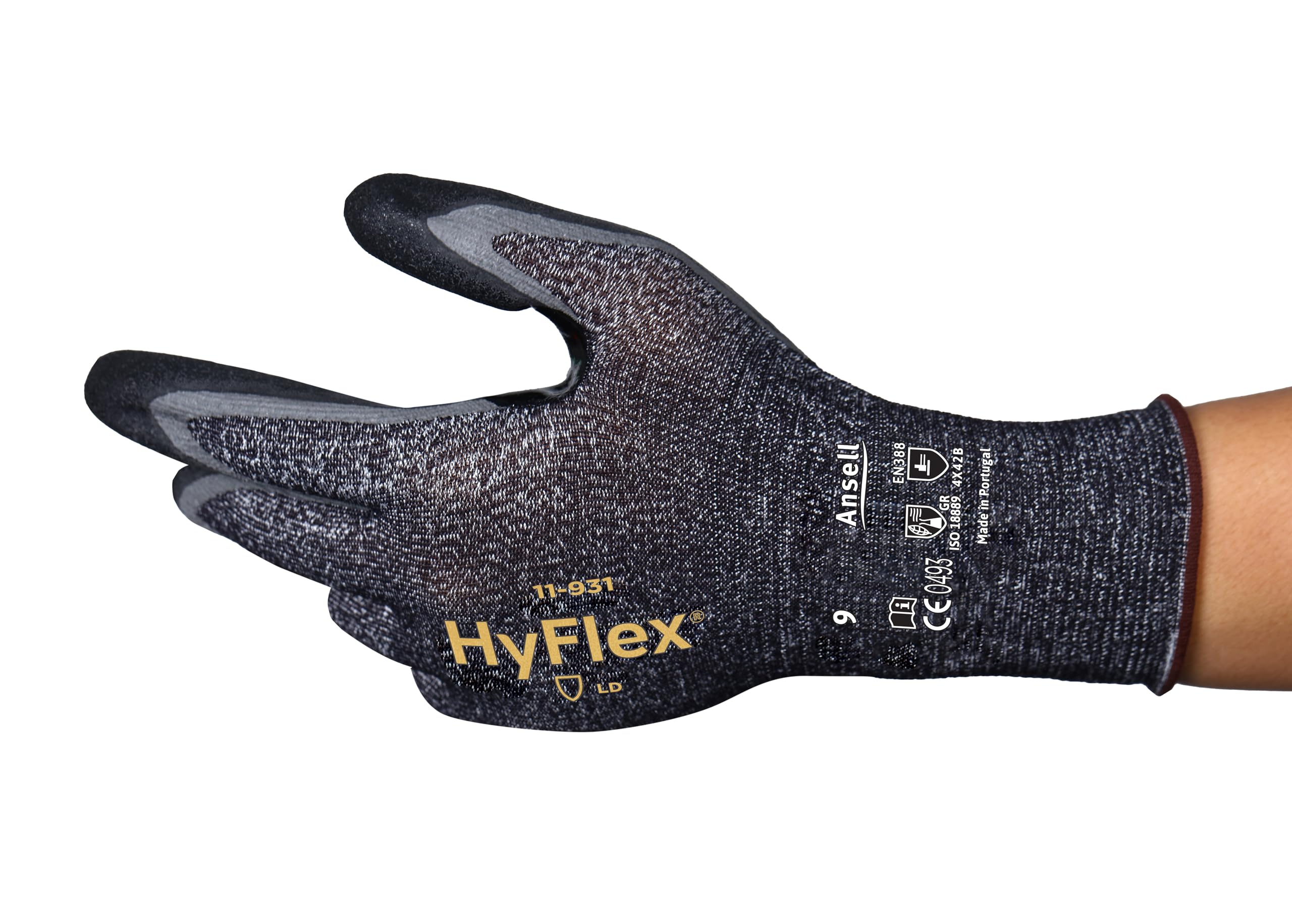 Ansell Hyflex 11-931 Robocze rękawice do ochrony mechanicznej, Rozmiar 9 (L), Czarny (12 Par)