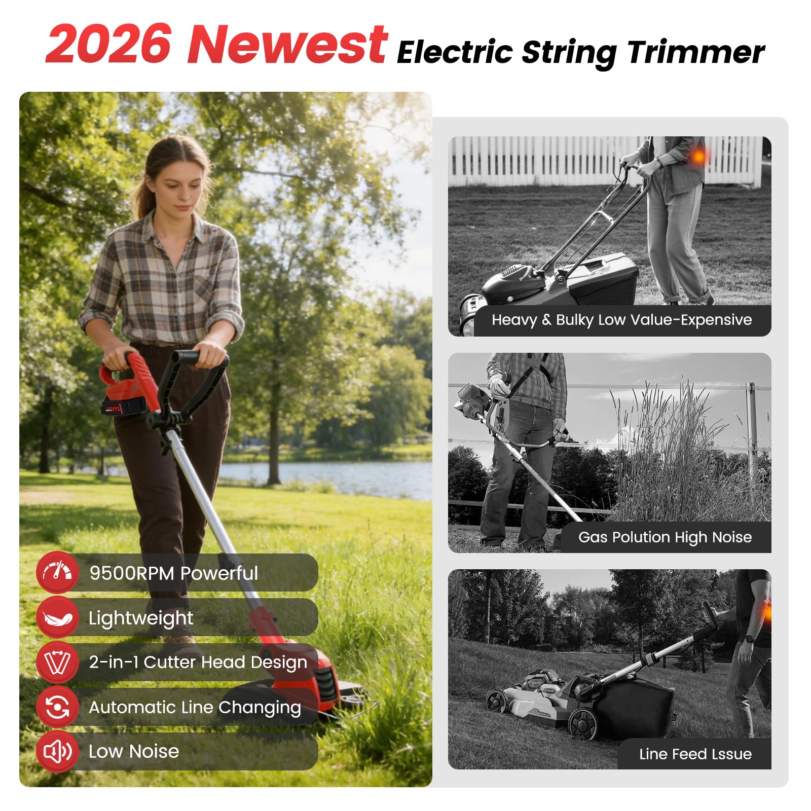 Recortadora de hilo inalámbrica Weed Wacker de 21 V con 2 baterías de 4.0 Ah y cargador rápido, recortadora de césped de alimentación automática de 12 pulgadas, comedor de malas hierbas eléctrico 2 en