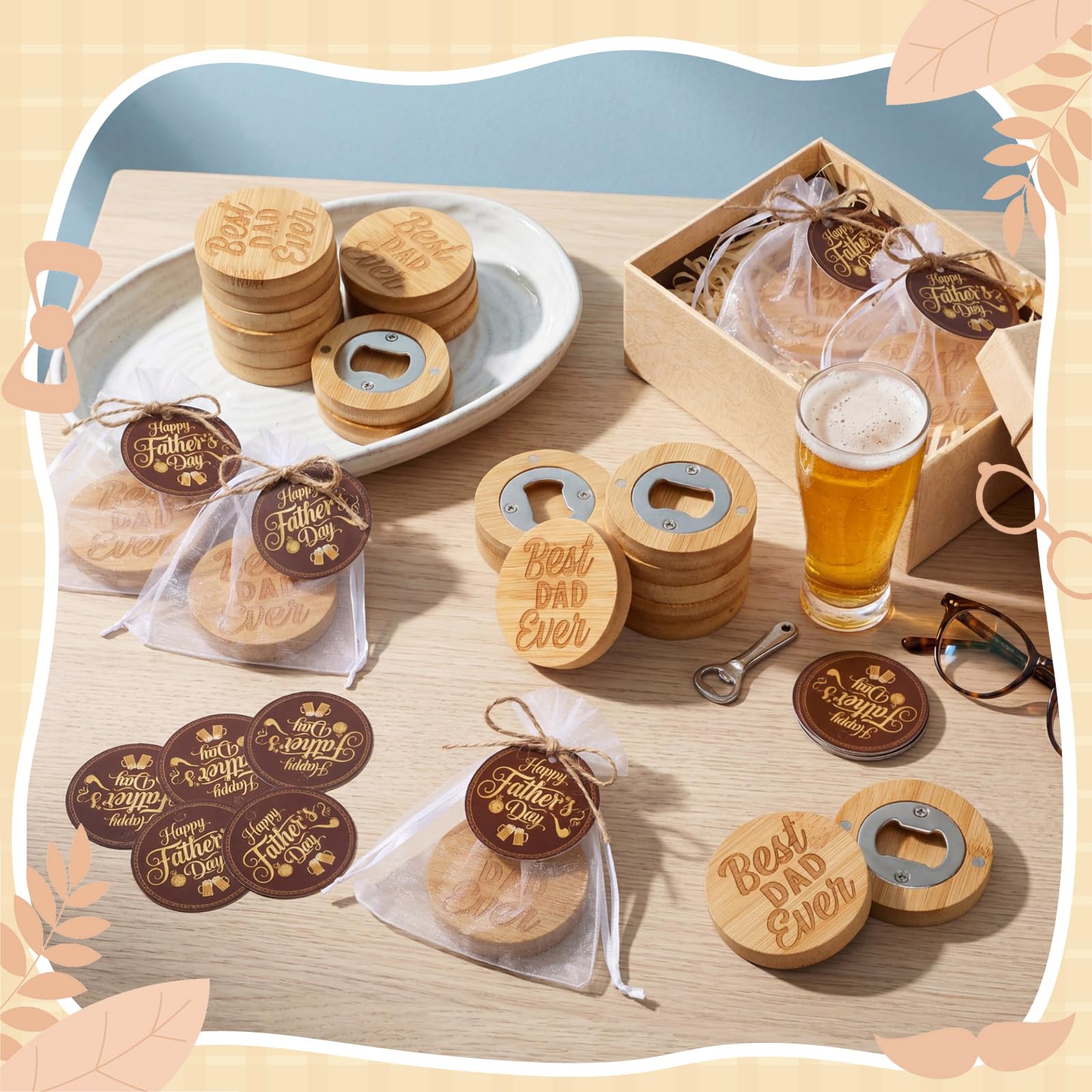 Mifoci 30 Pcs Father's Day Magnetic Bottle Opener Bulk Engraved Bamboo Round Shape Beer Openers with Round Perforated Sheet Drawstring Bag Hemp Rope for Father's Day Gifts Beer Lover