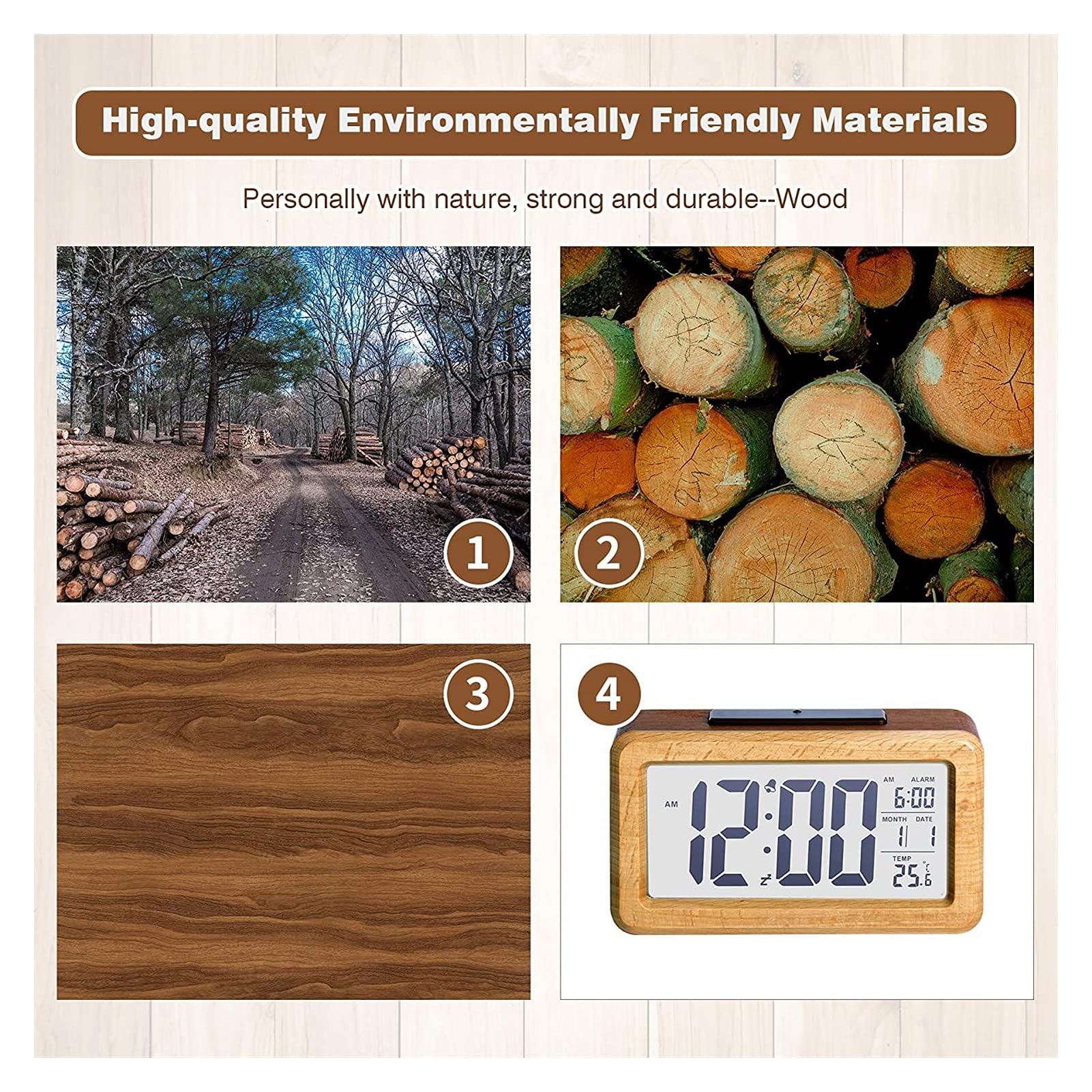 WTL Despertador Reloj de alarma digital Electrónica de madera Reloj de alarma con luz de fondo transparente, Sensor inteligente Luz de noche con snooze, fecha, temperatura, cubierta de roble macizo, o