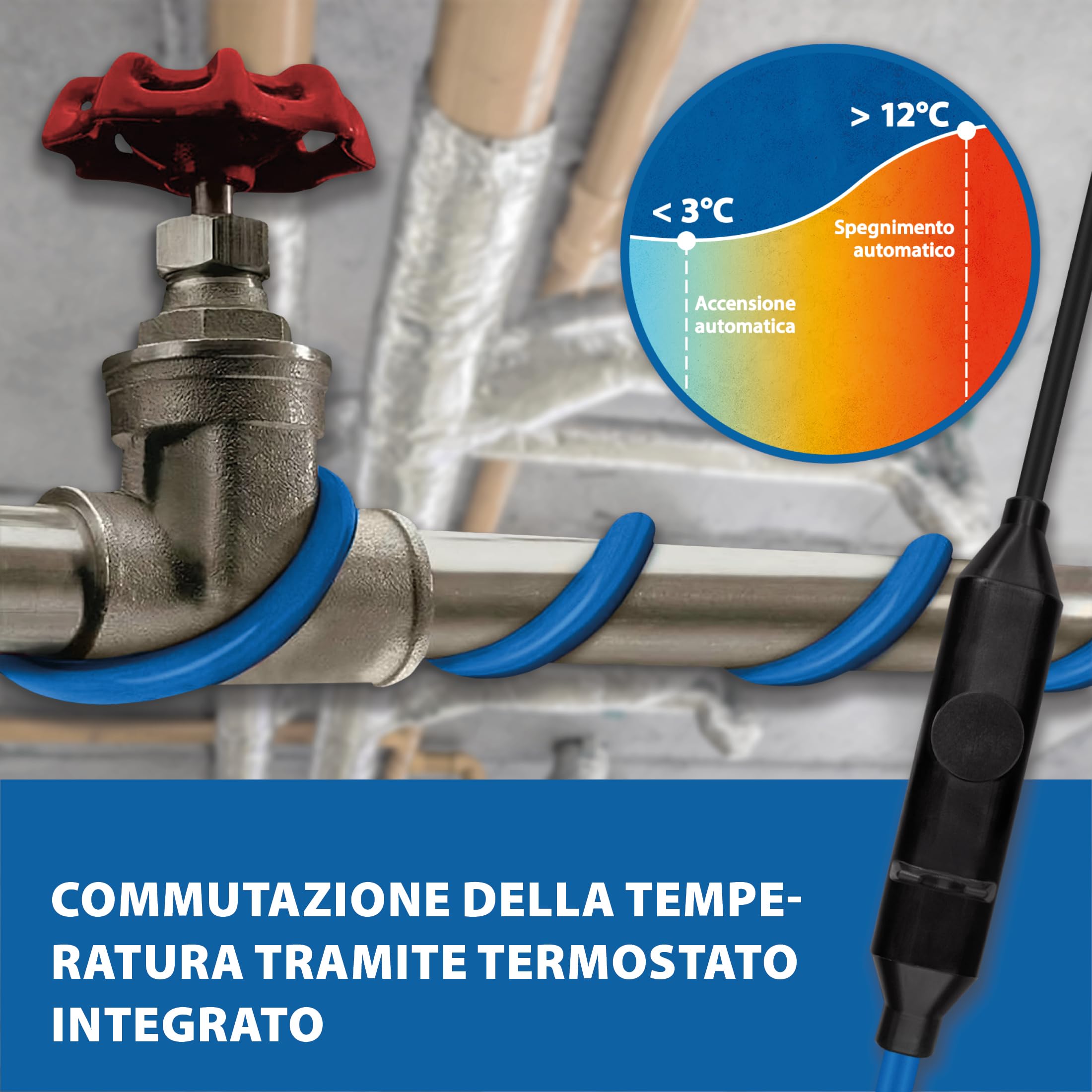 Cavo elettrico antigelo 15 W/m per tubi, condutture, serbatoi - Riscaldamento ausiliario Riscaldamento antigelo Cavo riscaldante - Lunghezza 12 m con termostato integrato +5 °C on / +15 °C off