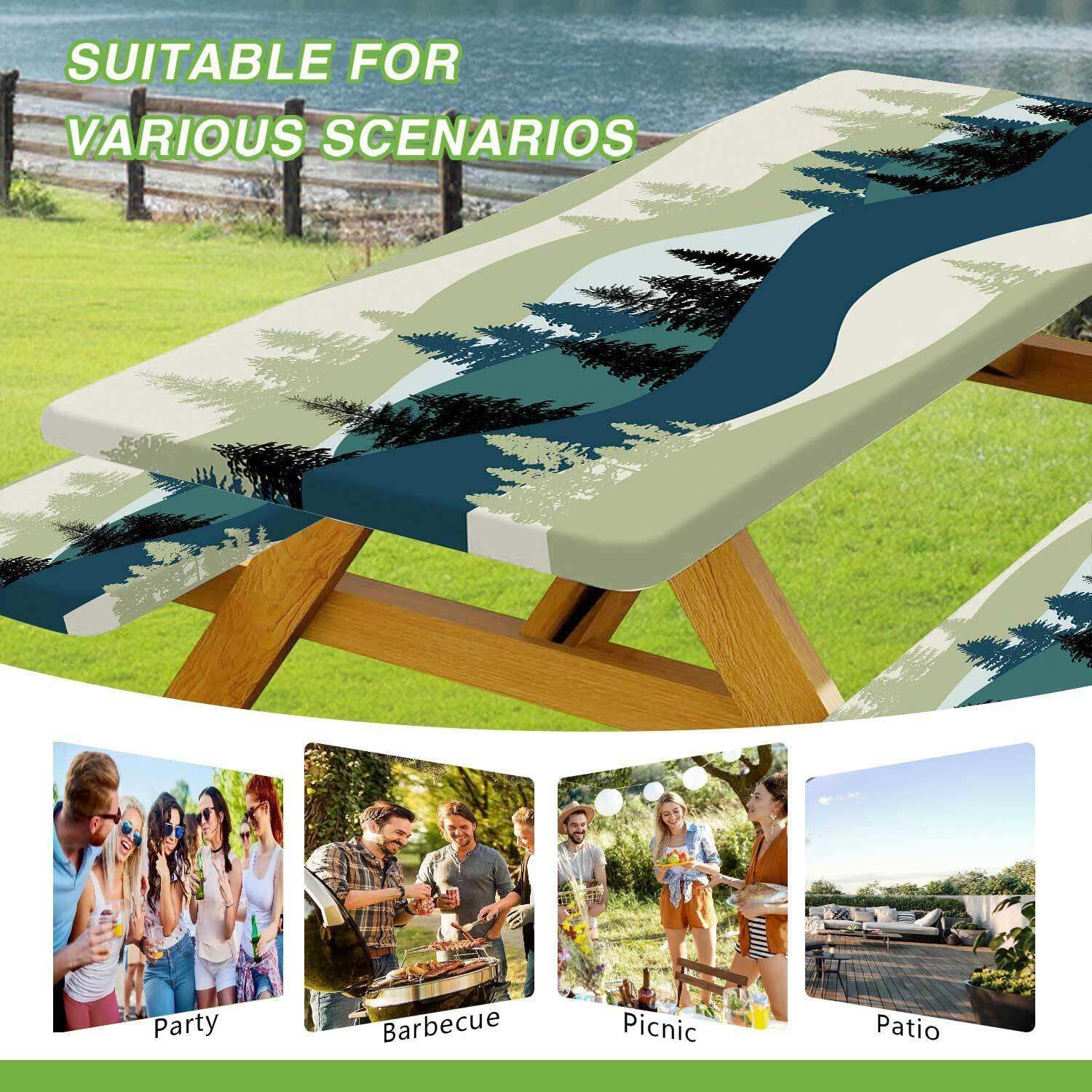 JAWO Picnic Table Cover with Bench Covers, Mountain Forest Camping RV Essentials Gear Supplies Outdoor Waterproof Windproof Tablecloth with Elastic, 72in, Green Blue