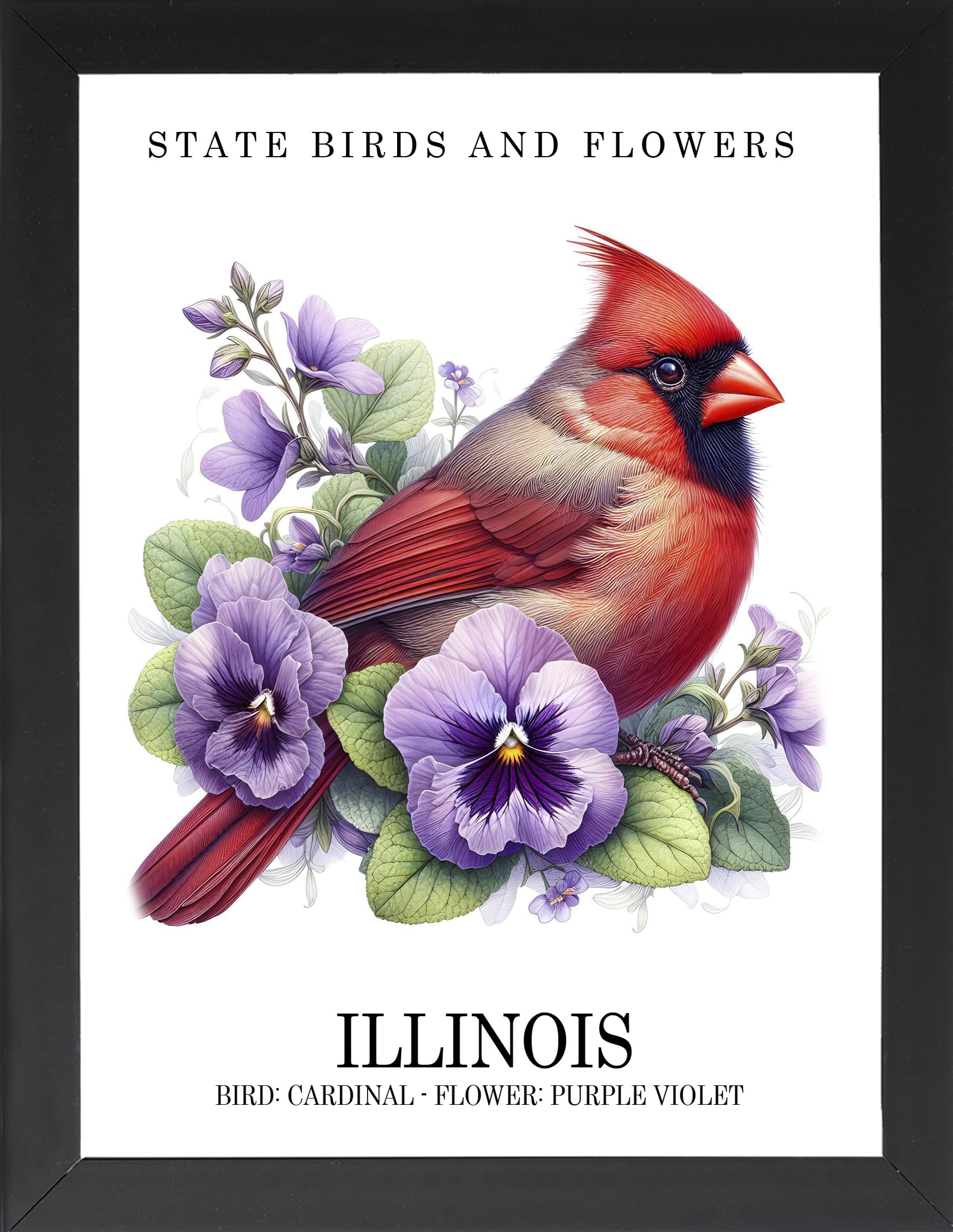 Illinois State Bird & Flower (Cardinal & Purple Violet), Framed Poster, State Flowers, State Birds, State Symbols, Wall Art Decor, Bird Art, Wall Art,