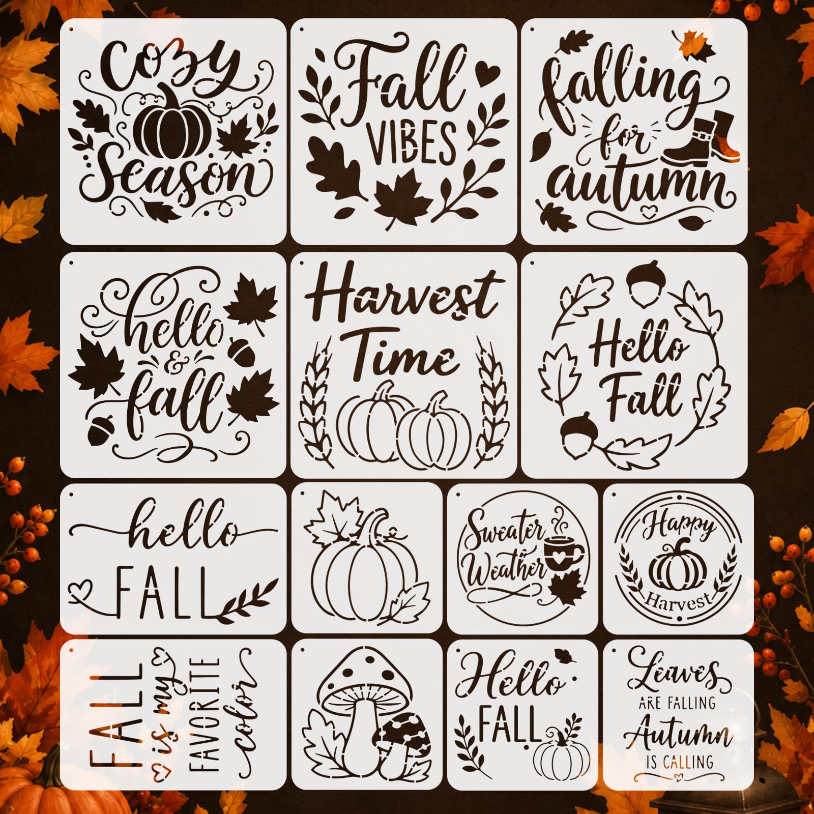 14 plantillas de cosecha de otoño para pintar, plantillas de pintura reutilizables, hojas de calabaza, plantillas de arte para la pared, lona, muebles, tela y decoración de manualidades
