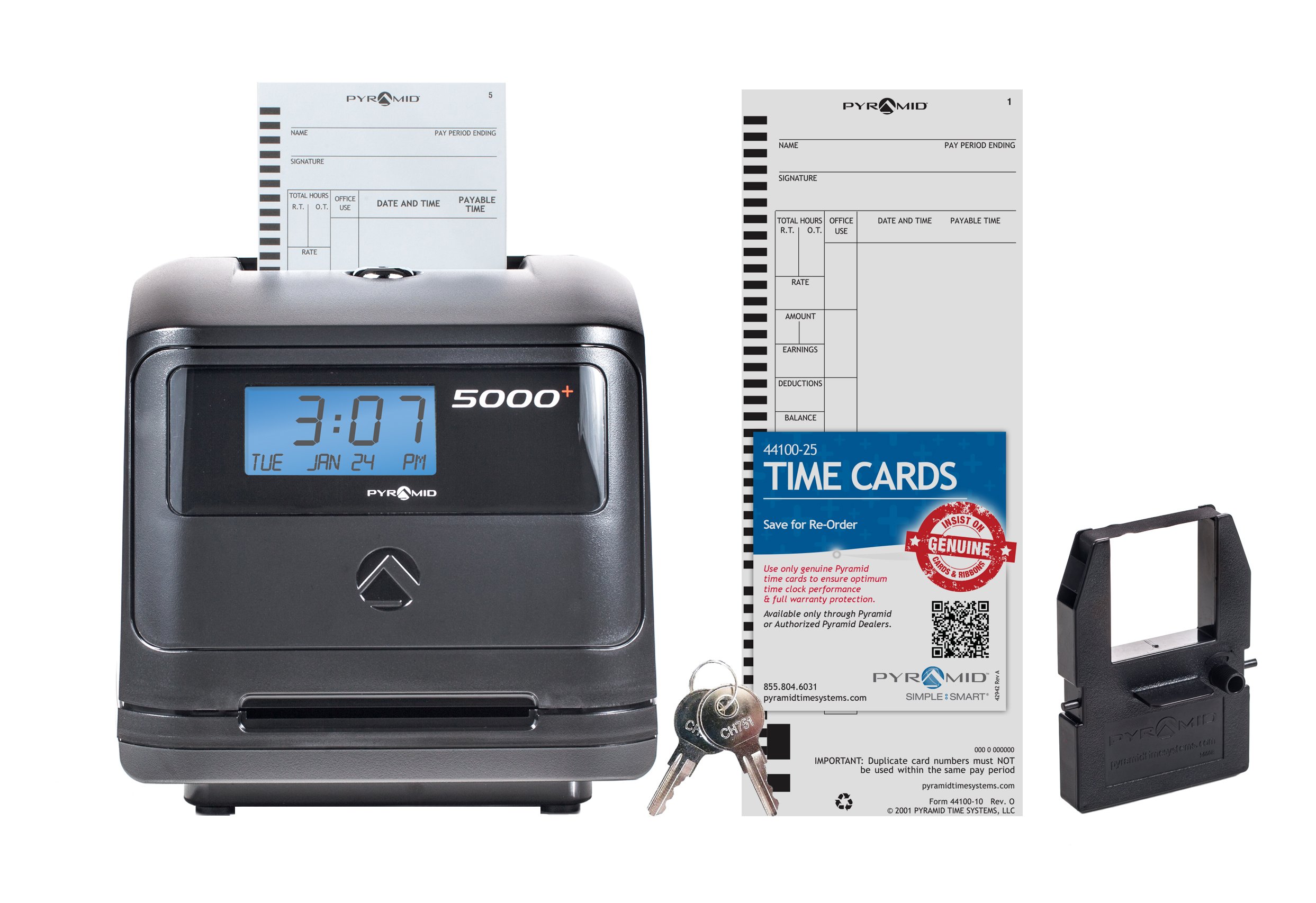 Pyramid Time Systems - Model 5000 Auto Totaling Time Clock, Employee in/Out Time Tracker for Small Business, Includes: 25 Time Cards,1 Ink Ribbon Cartridge, 2 Security Keys and User Guide - Black