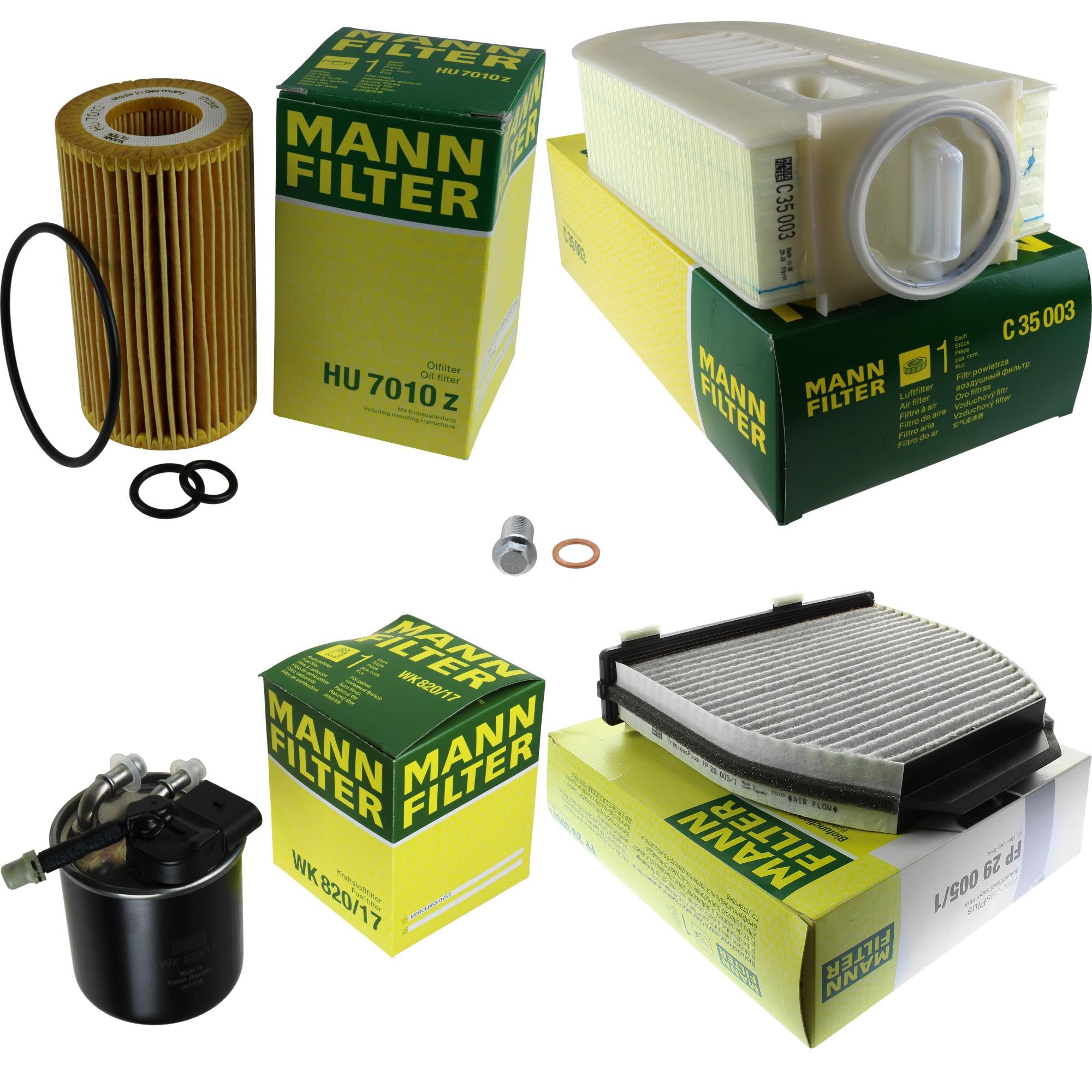 Paquete de inspección Kit de mantenimiento de filtros con filtro de aceite HU 7010 z, filtro de aire C 35 003, filtro de combustible WK 820/17, filtro de habitáculo FP 29 005/1, tornillo de