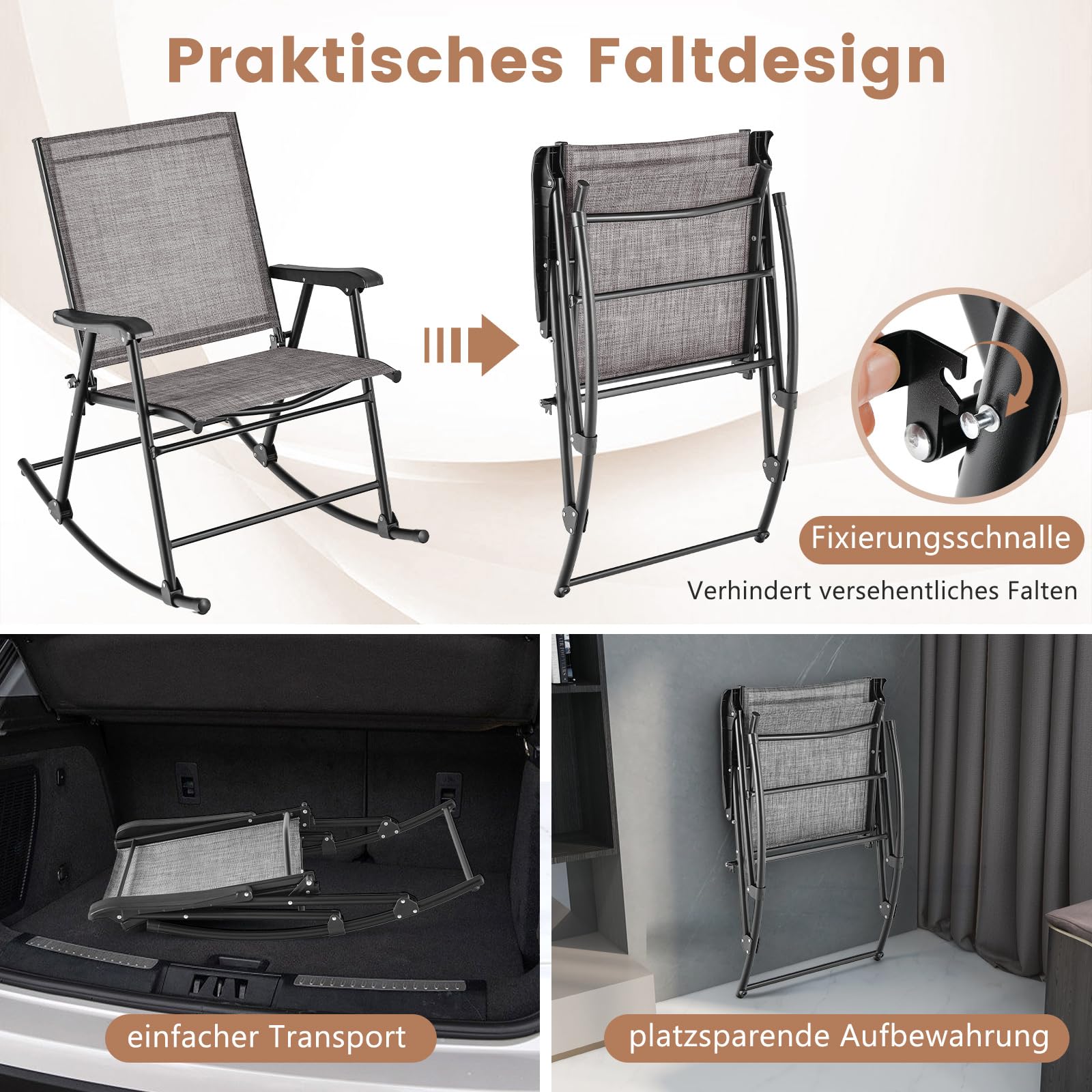 COSTWAY Składane fotele bujane, zestaw 2 krzeseł ogrodowych z oddychającym materiałem do siedzenia, fotel bujany na podwórko, taras, basen