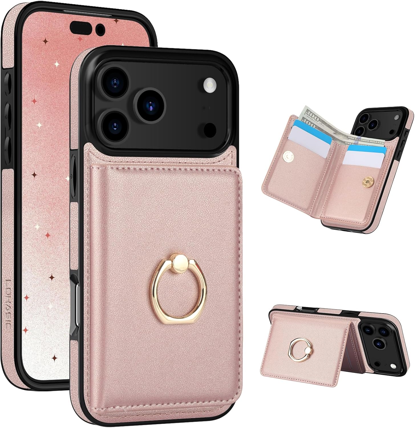 LOHASIC for iPhone 17 Pro Max Case Wallet with Card Holder, 360° Rotation Ring, RFID Blocking, 5 Card Slots, PU Leather 6.9" Cover for Apple 17 Pro Max Men Women, Rose Gold