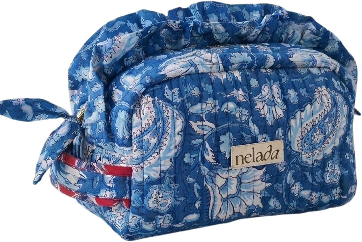 Handcrafted Block Print Quilted Cotton Makeup Bag | 100% Cotton with Elegant Frill Detail | Unique Handmade Gift for Her, Travel Makeup Organizer | Floral Handblock Print (Blue)