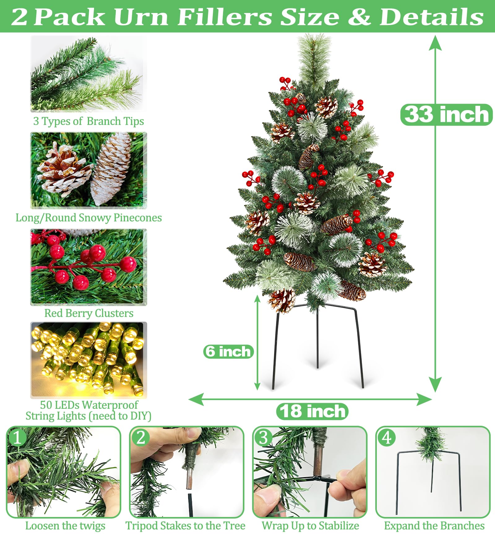 Choinka na zewnątrz, 2 sztuki, 84 cm, wypełniacz do urny bożonarodzeniowej z 50 ciepłymi i kolorowymi światłami, sztuczna choinka 8 trybów timera, mieszane końcówki szyszki czerwone jagody zasilanie