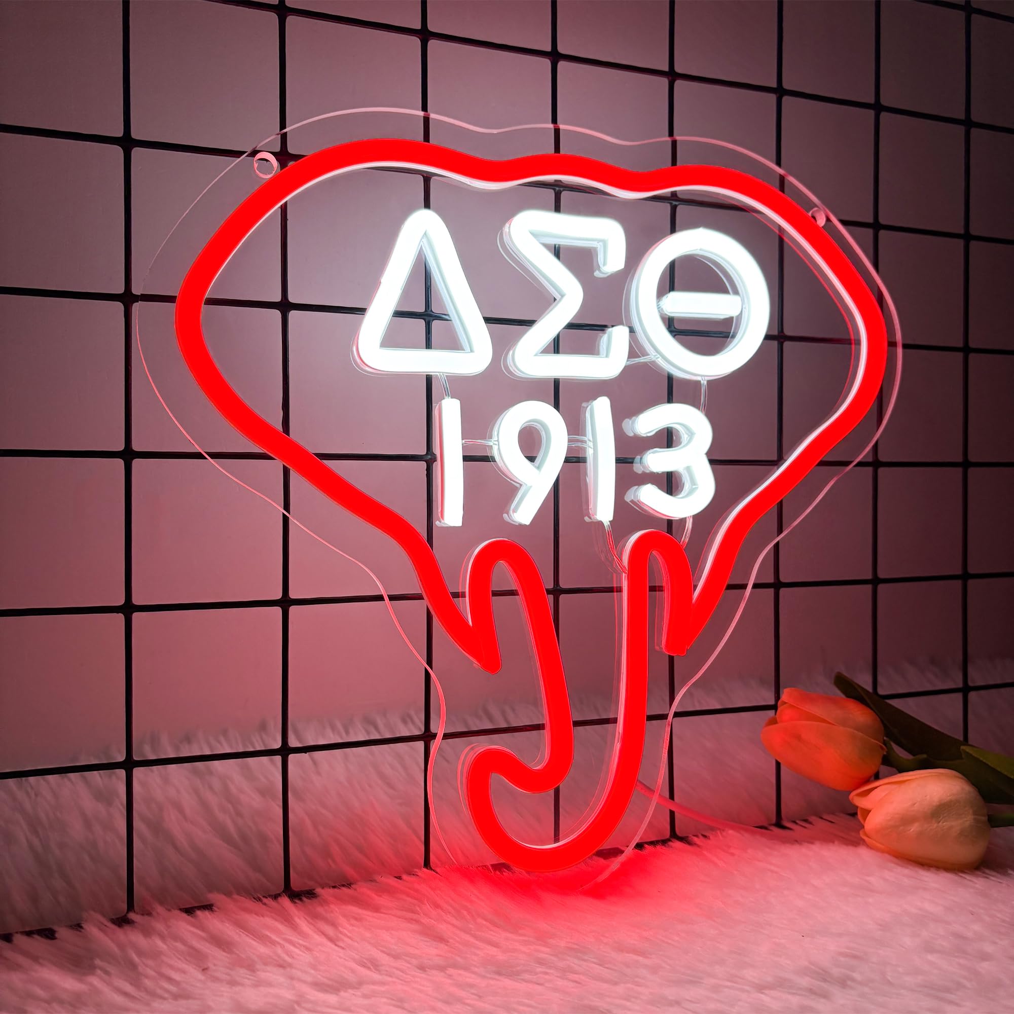1913 Sorority Insegna al neon, dimmerabile, con elefante rosso, luci al neon per decorazione da parete, insegna greca con lettere greche alimentate tramite USB, regalo per feste e amiche (30 x 28 cm)