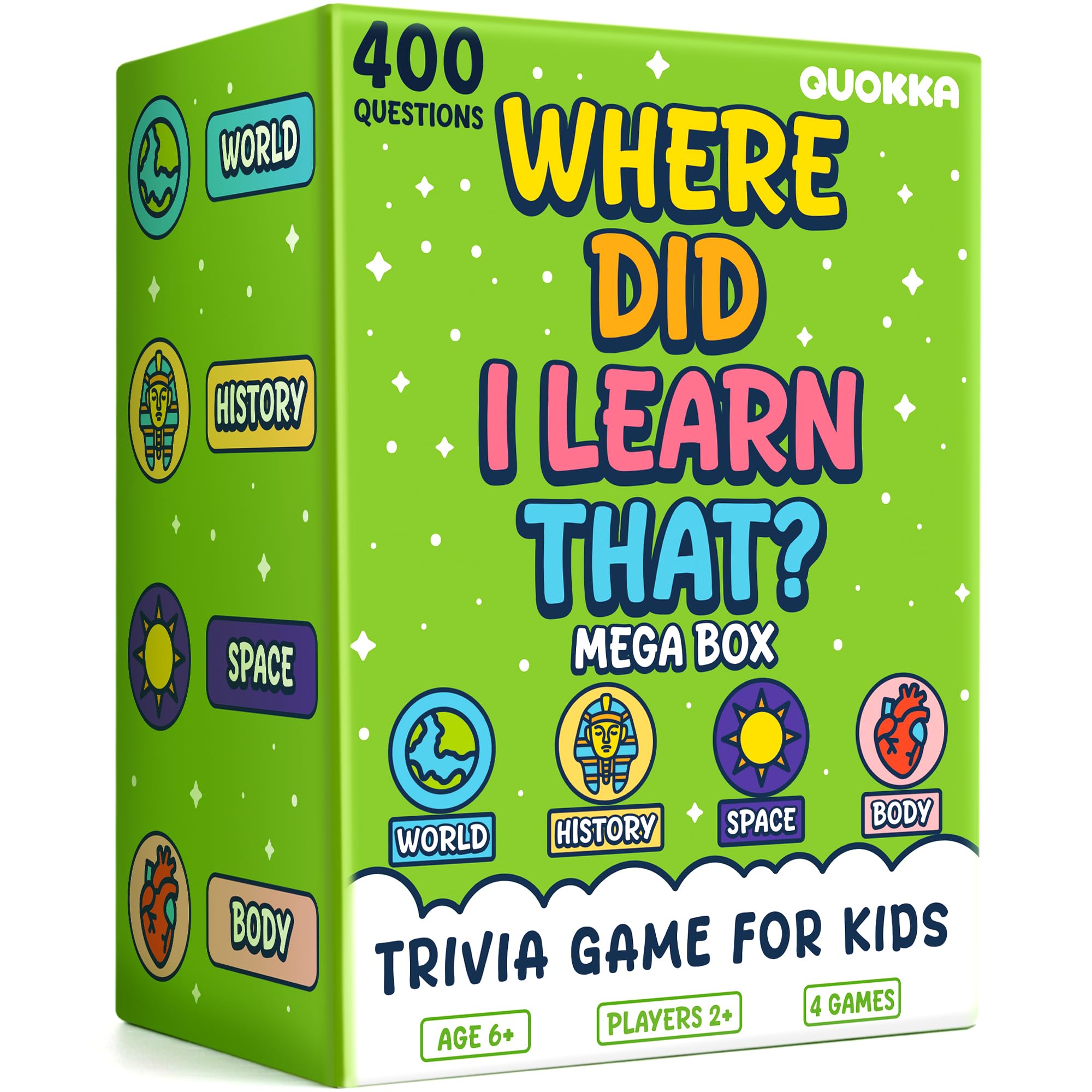 QUOKKA Trivia Games For Kids — 4 In 1 World, Space, History & Human Body Card Game Set For Family Game Night Ages 6+