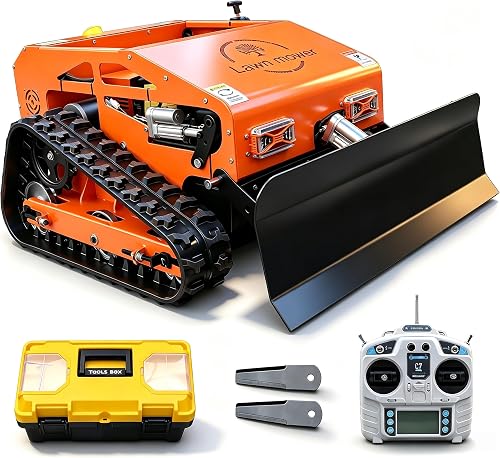 Remote Control Lawn Mower with Tracks 9HP Oil-Electric Hybrid, 600m Range, 21.6" Cutting Width, Adjustable Height RC Robotic Lawn Mower for Slope Climbing with Snowplow (with Snowplow)