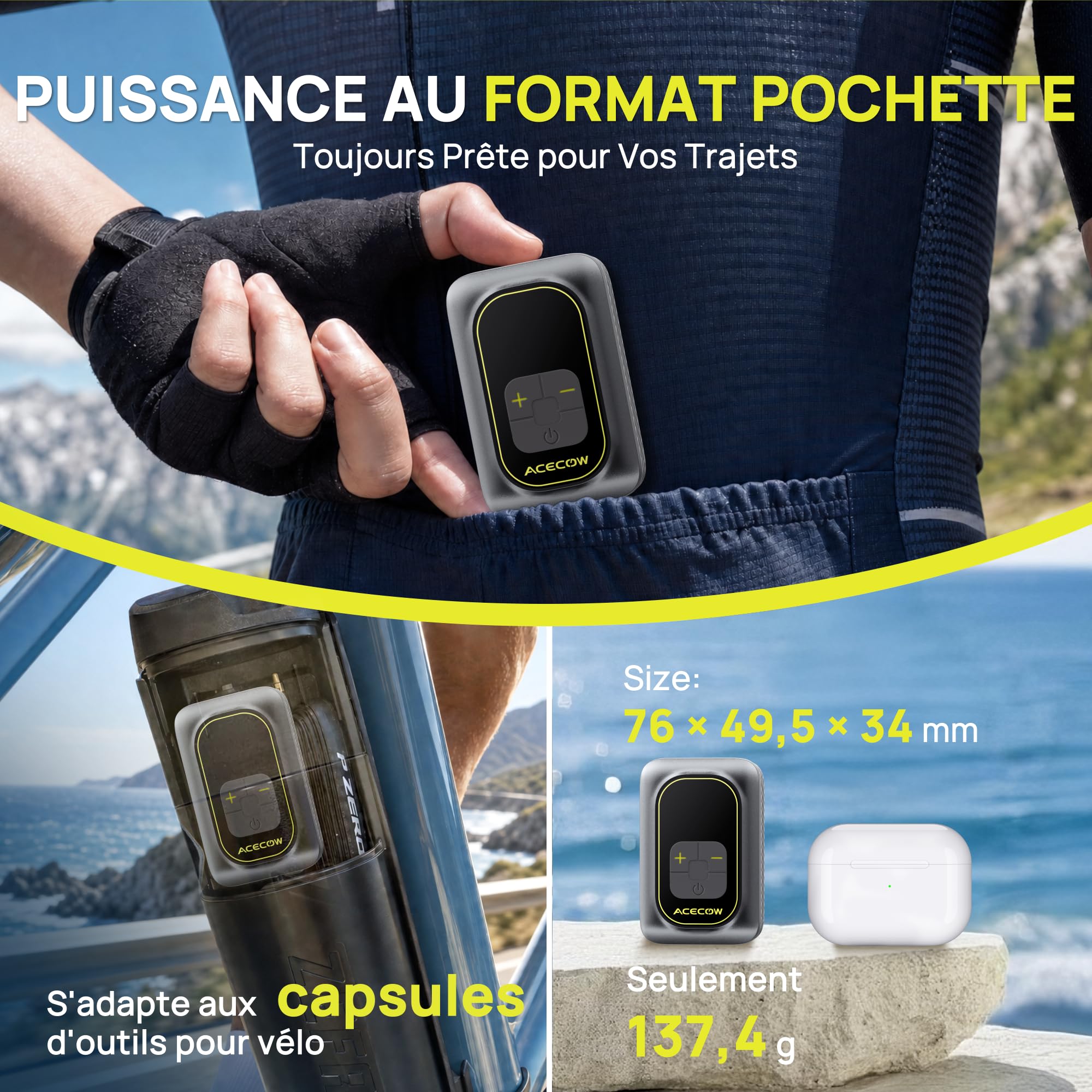 Mini Pompe à Vélo Électrique,120 PSI Gonfleur Électrique Portable avec Manomètre & Arrêt Automatique,Rechargeable avec Flexible,Valve Presta & Schrader pour Vélo de Route,VTT,Gravel,E-Bike