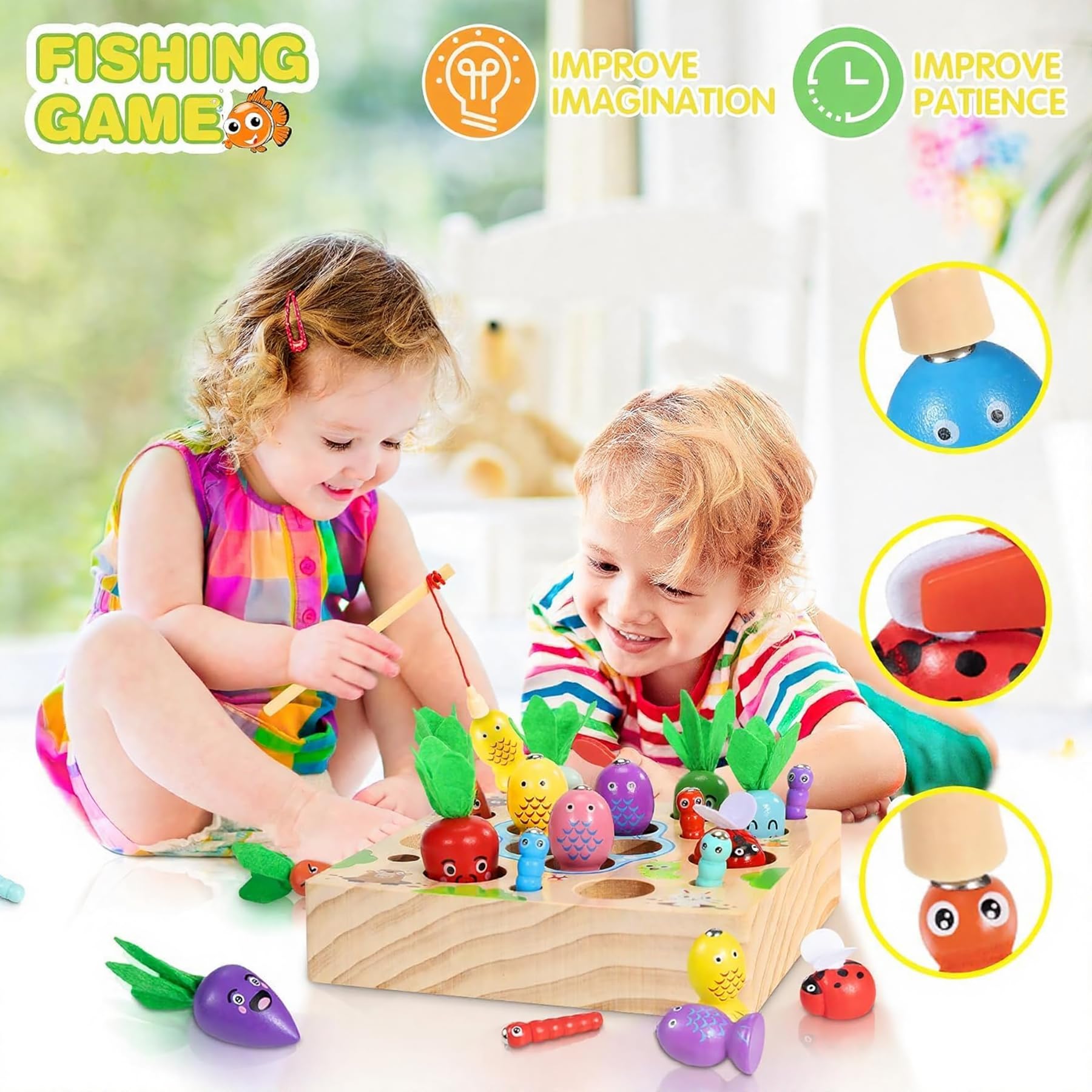 COOLJOY Giochi Montessori 2 3 Anni | 4 in 1 Magnetici di Pesca in Legno Abilità Motorie Giocattoli Educativi | magnetici Gioch| Compleanno Regalo per 2 3 4 Anni Bambini Ragazzi