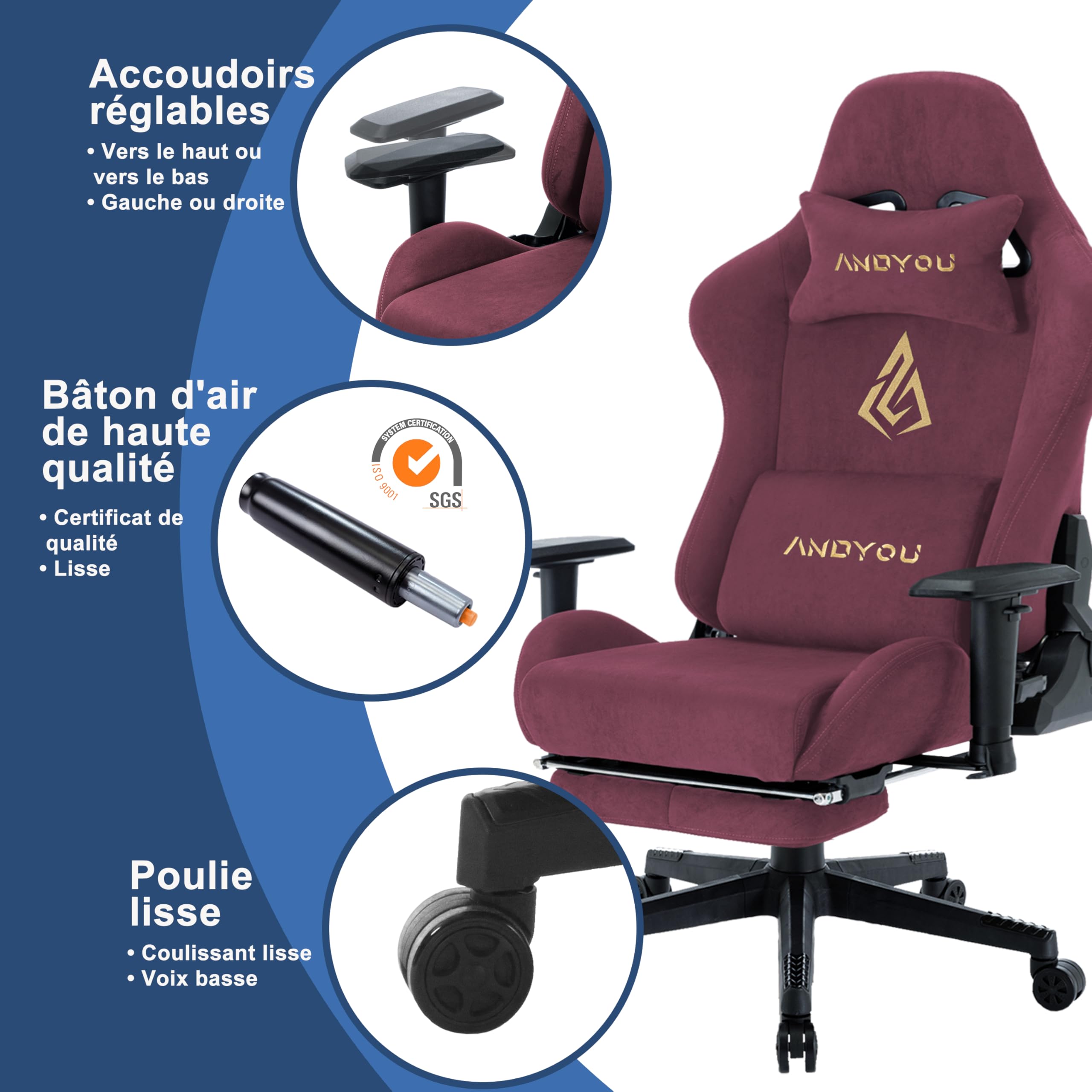 Andyou Chaise Gaming Ergonomique et Fauteuil Gamer avec Repose-Pieds Télescopique Coussin à Ressorts, Support Lombaire et Hauteur Réglable 200kg Rouge