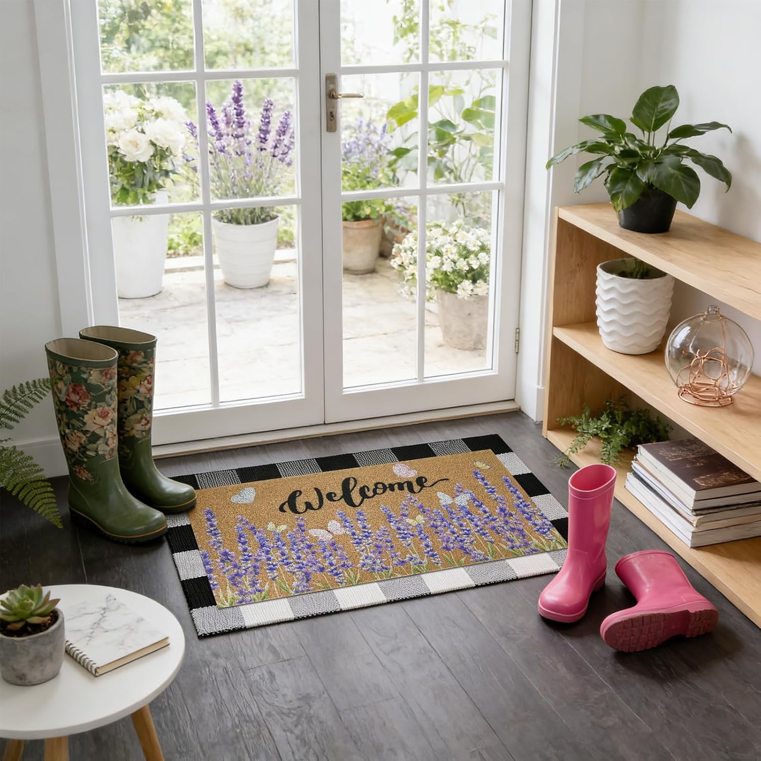 2 Pcs Spring Lavender Doormats 30 x 17 Inch Spring Purple Welcome Coir Doormats for Front Doors Nonslip 2-in-1 Seasonal Buffalo Plaid Rug for Outdoor Farmhouse Porch Entryway Home Decor