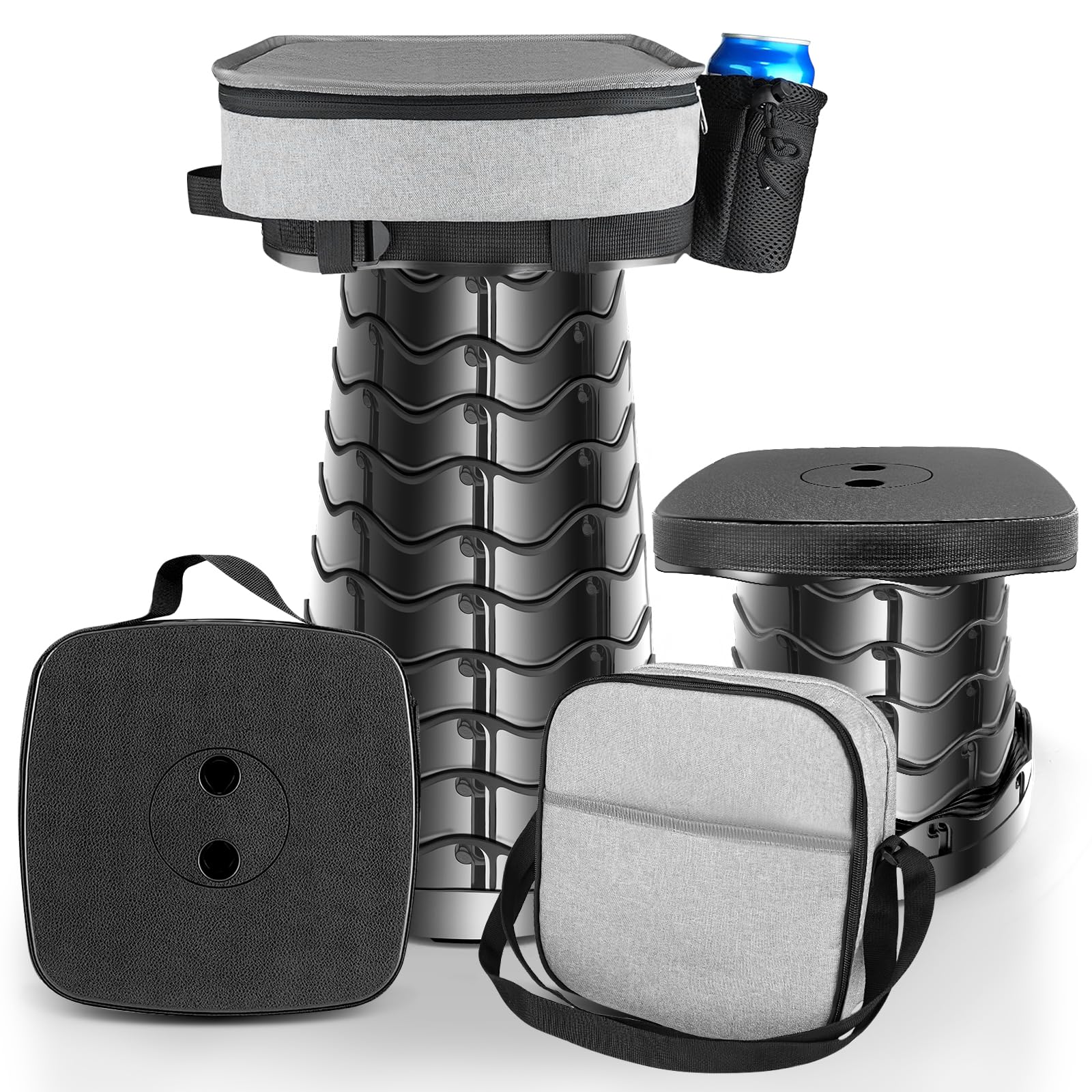 Taburete Plegable Portátil con Cojín y Portavasos, Taburete Telescópico Ligero con Altura Regulable, Carga 485 LB, para Exteriores, Senderismo, Pesca, Barbacoa, Interior, Viajes, Fiestas