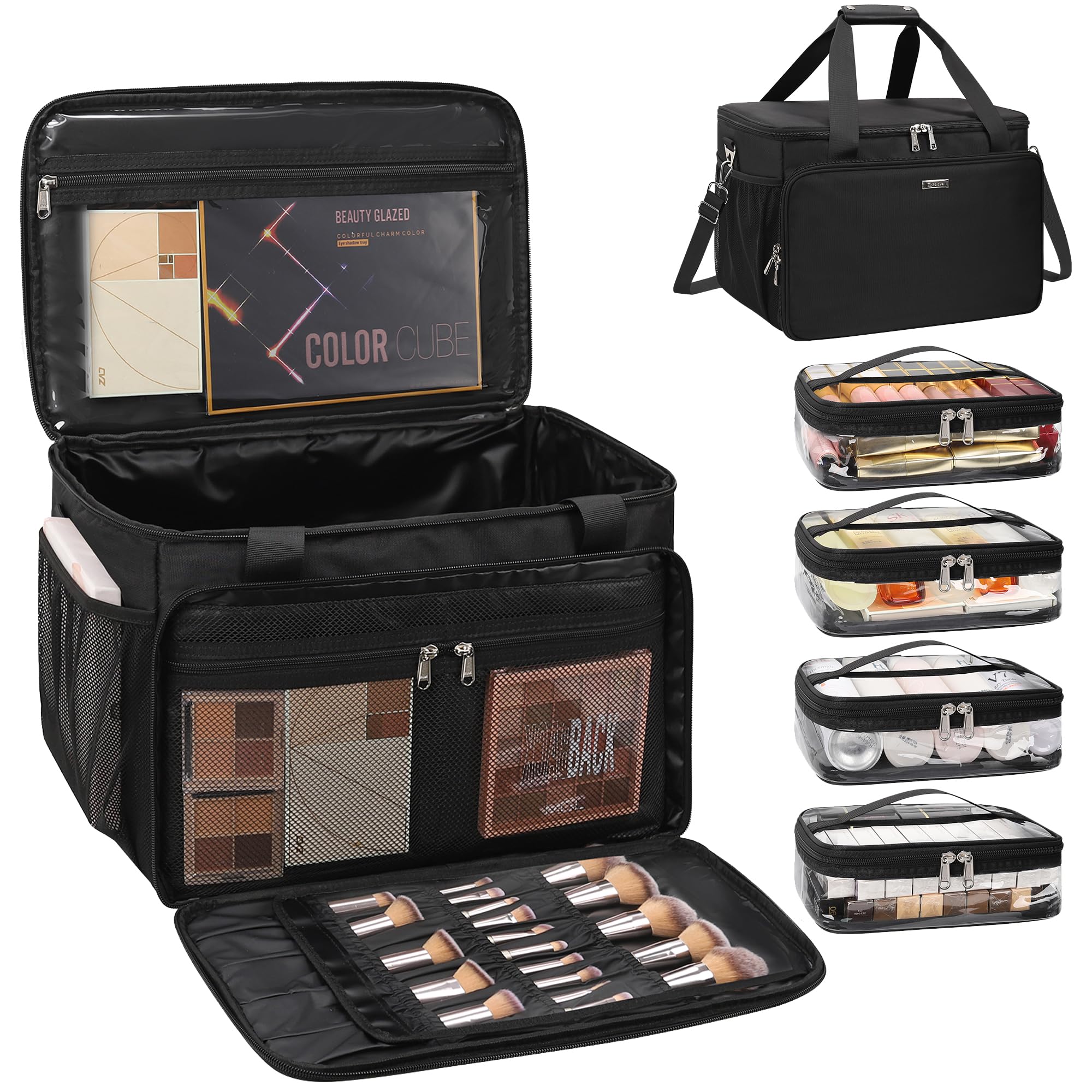 Extra Large Makeup Bag Travel Makeup Case Makeup Artist Bag Professional Makeup Bag Hairstylist Cosmetic Bag with Detachable Dividers and Shoulder Straps