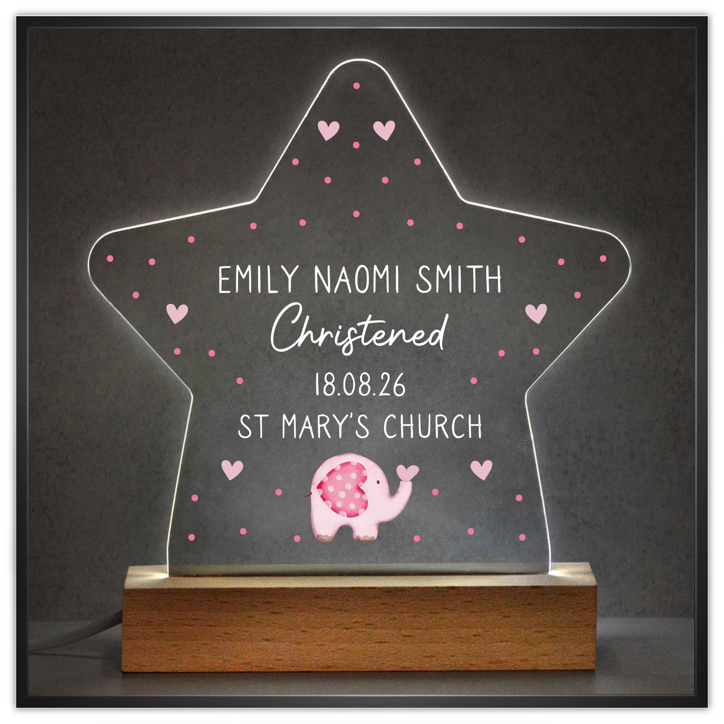 Beecreative Personalised Christening Gifts for Goddaughter Granddaughter Girls Her, Girls Elephant Nursery Night Light, Christening Day Gift for Girls, LED Sleep Light Lamp