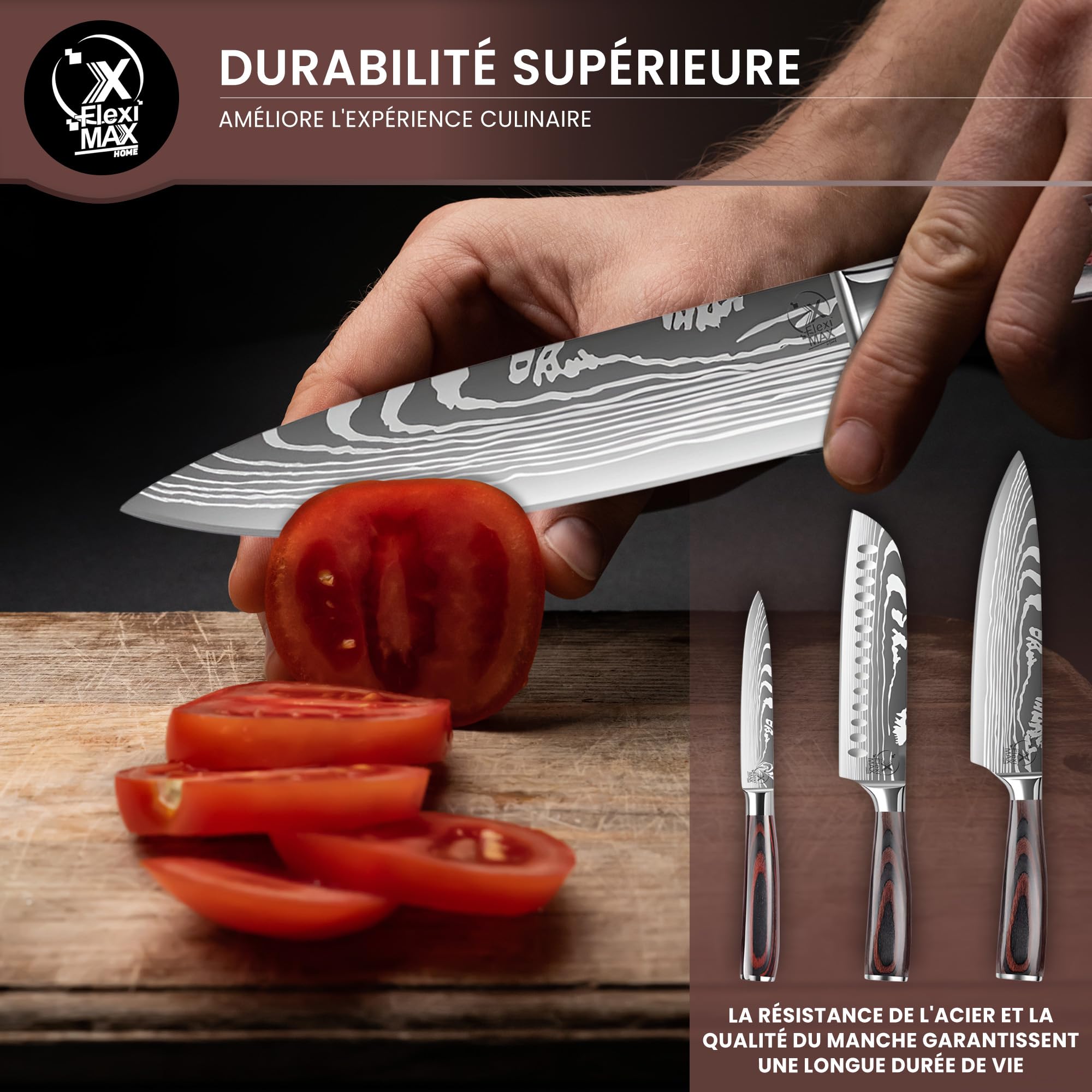 couteau cuisine couteaux de cuisine de Couteaux Chef 8”, Santoku 7”, Utilitaire 5” et Éplucheur couteau de cuisine