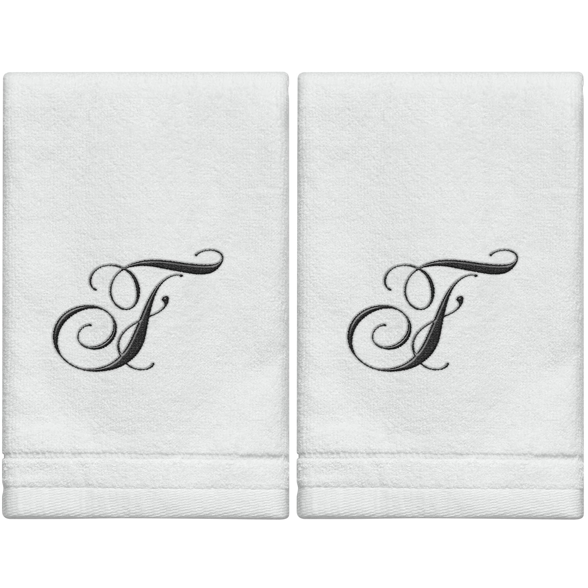 Toallas con Monograma, Regalo Personalizado, 11 x 18 Pulgadas, Juego de 2, Toallas Bordadas Negras, 100% algodón, Acabado de Terciopelo Suave, para baño, Cocina, SPA, Inicial F (Blanco)
