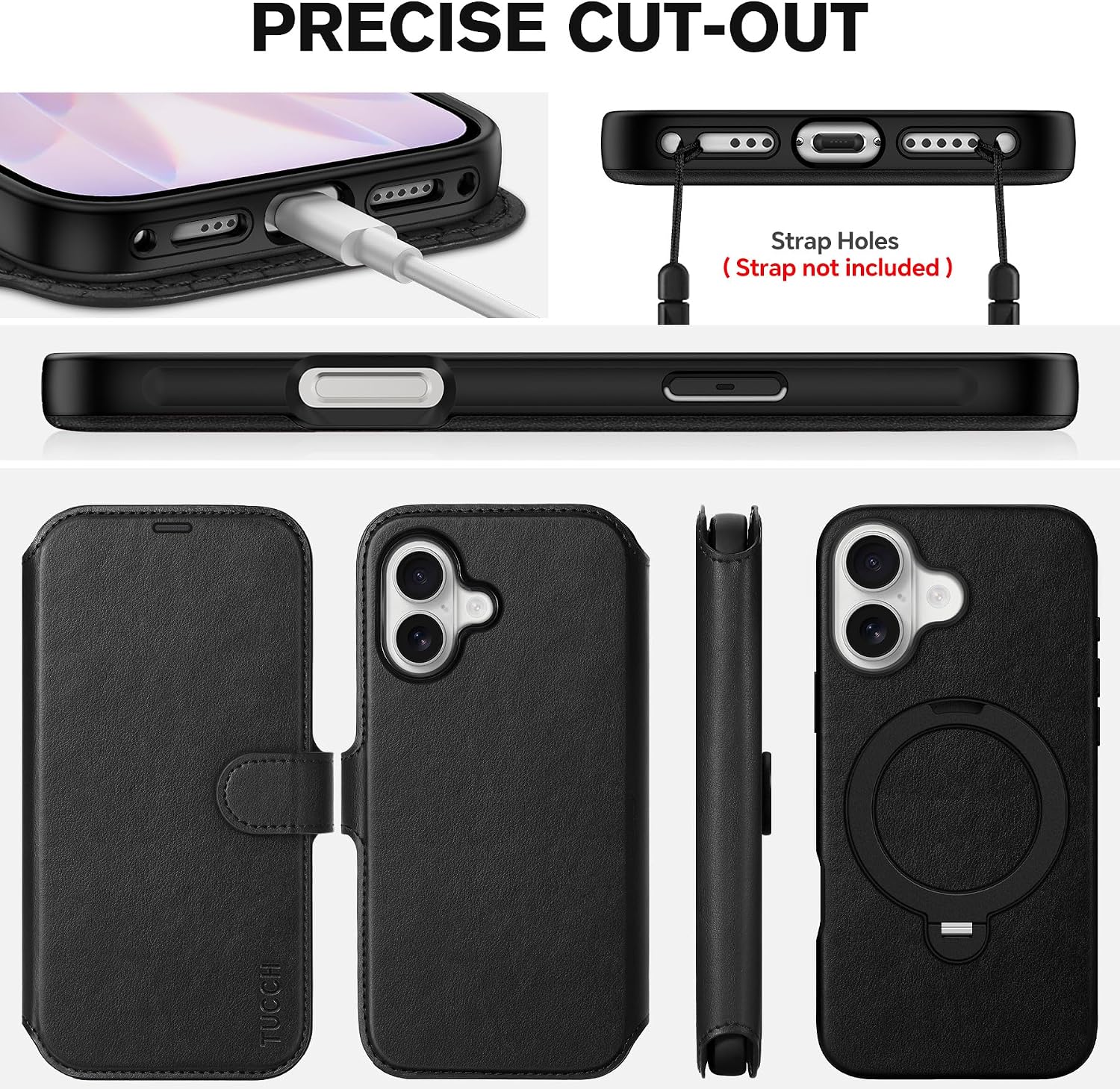 TUCCH Detachable Wallet Case for iPhone 17 (6.3"), Wireless Charging, Adjustable 360° Rotation Ring Stand, RFID Blocking 3 Card Holders, Magnetic Slim PU Leather Protective Cover for iPhone 17, Black