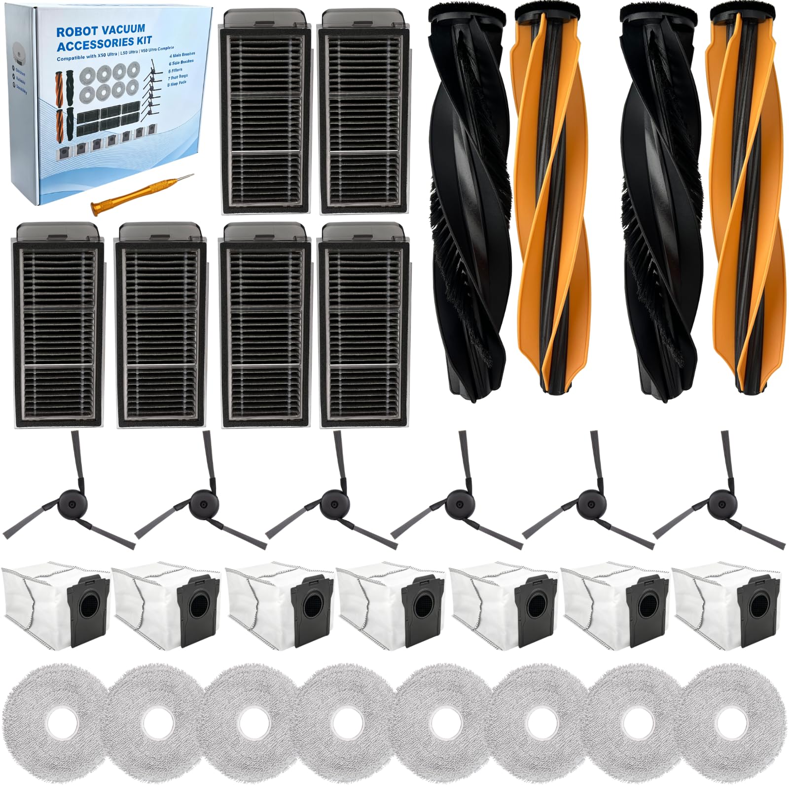 Photo 1 of Robot Vacuum Replacement Accessories Kit Compatible with Dreame L50 Ultra, Dreame X50 Ultra, Mova V50 Ultra, Dreame L40s Ultra - 8 Mop Pad,7 Dust Bag,6 Side Brush,6 Filter,2 Detangling Dual Main Brush