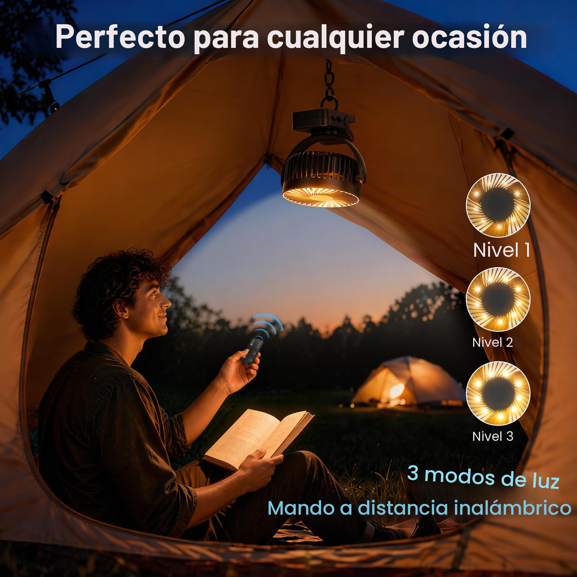 USB Ventilador Portátil Recargable 12000mAh 4 en 1 Ventilador Mesa Pinza Magnético con Mando 3 Velocidades Luz LED Temporizador 360°, Ventilador Sobremesa para Coche Camping Carro Bebé, Negro