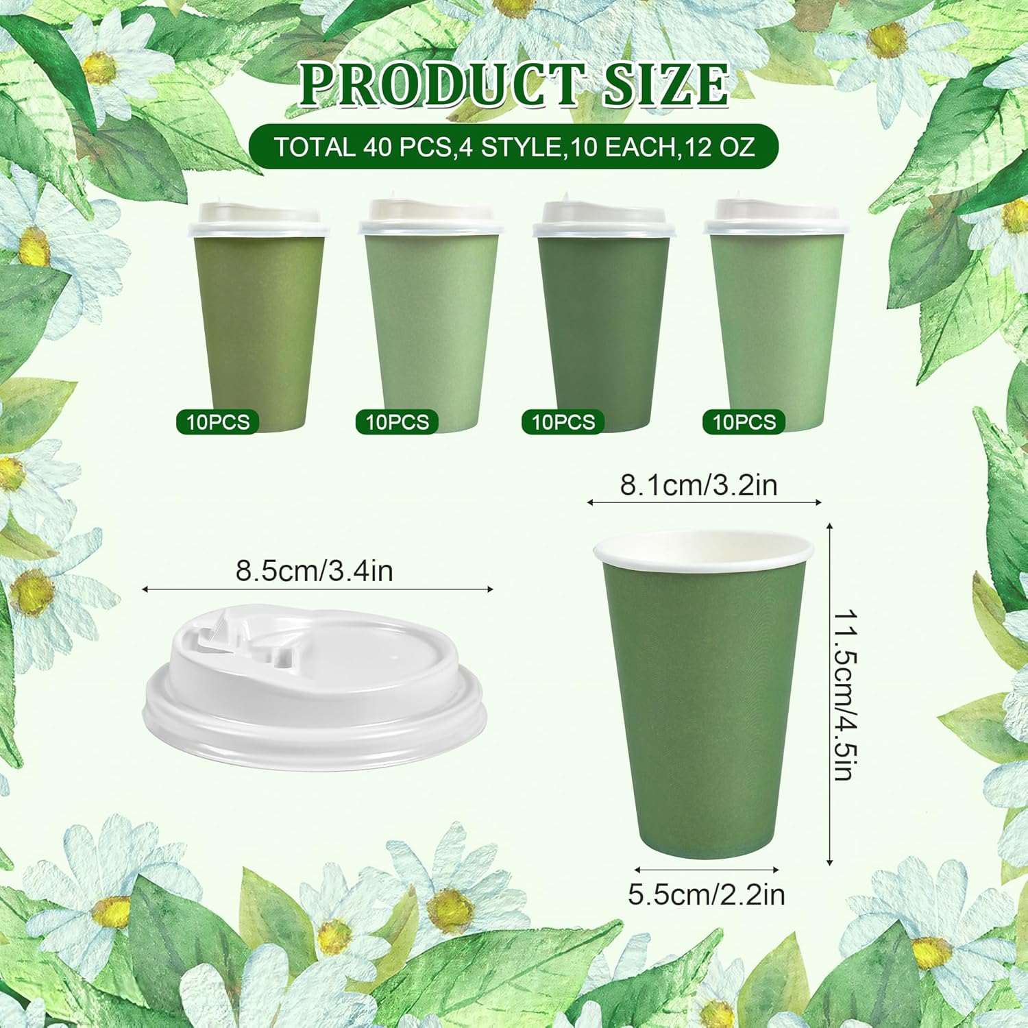 40 Pcs 12 oz Sage Green Paper Cups Disposable Coffee Cups with Lids Green Gradient Paper Cup Baby Shower Cups Sage Cups for Hot and Cold Beverage Water Juice Coffee Tea Party Wedding Supplies … - Image 2